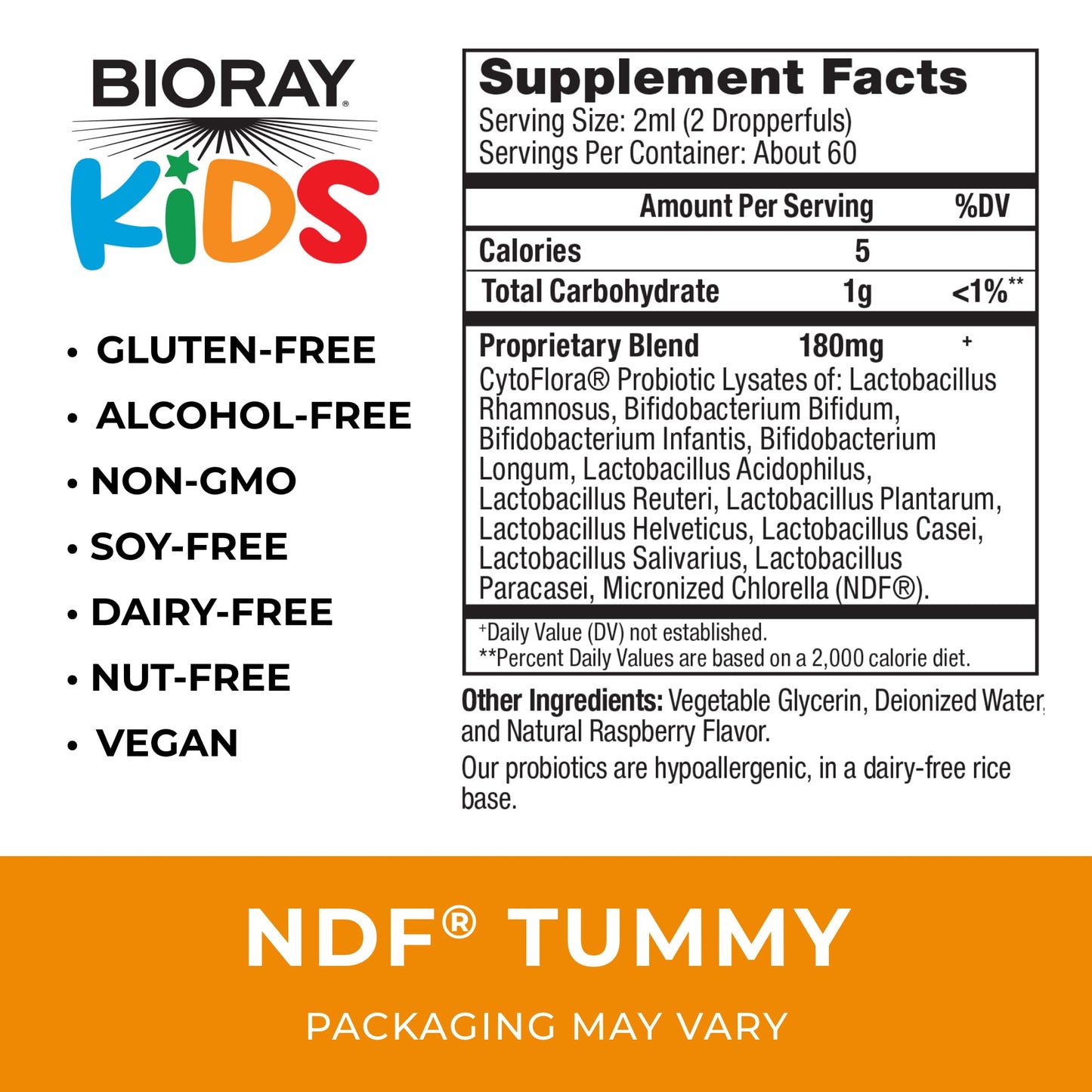 BIORAY Kids NDF Tummy, Raspberry - 4 fl oz (120 mL) - 11-Strain Probiotic Blend - Supports the Immune Response in the GI Tract - Non-GMO, Vegan, Gluten Free - Approx. 120 Servings - dailyvitalstore