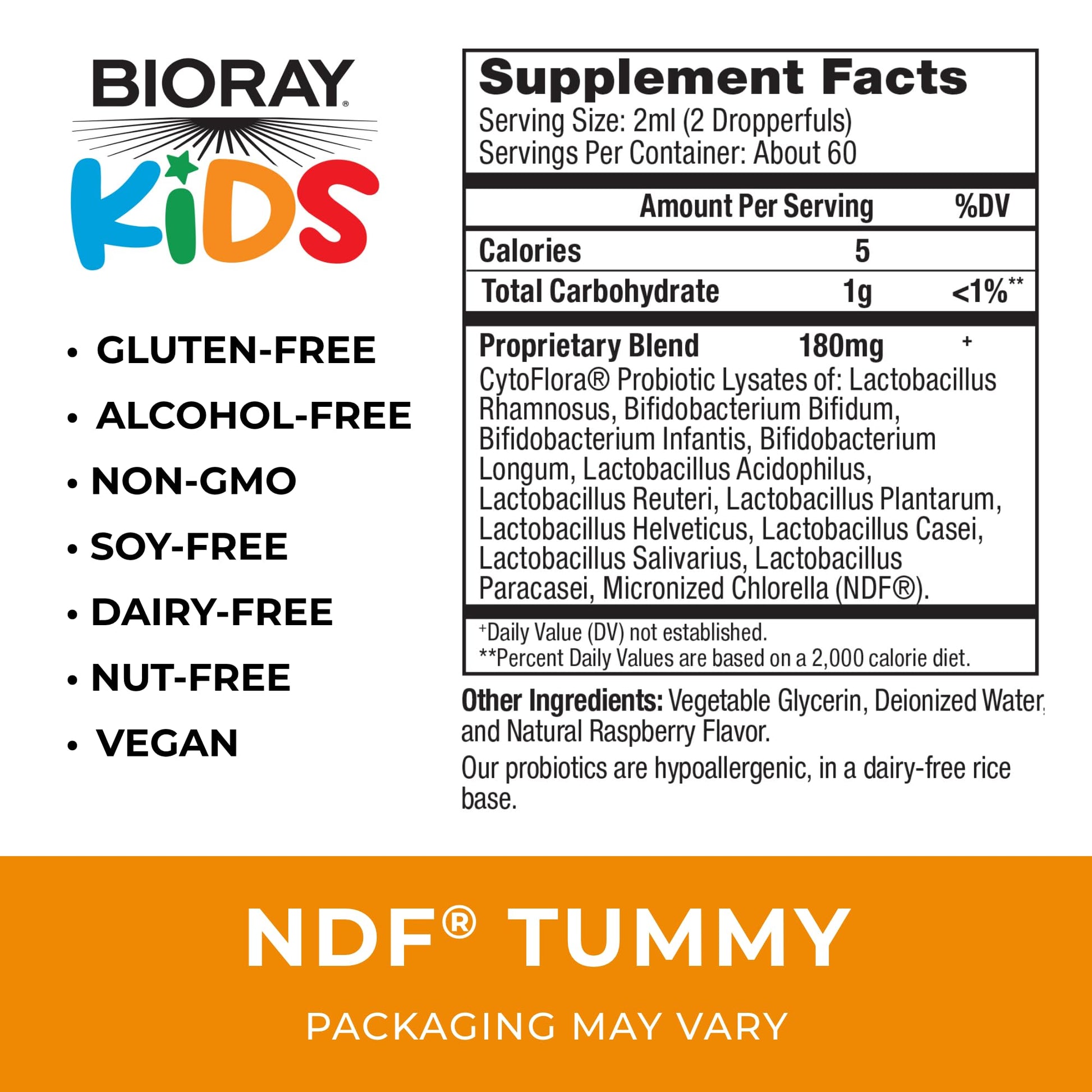 BIORAY Kids NDF Tummy, Raspberry - 4 fl oz (120 mL) - 11-Strain Probiotic Blend - Supports the Immune Response in the GI Tract - Non-GMO, Vegan, Gluten Free - Approx. 120 Servings - dailyvitalstore