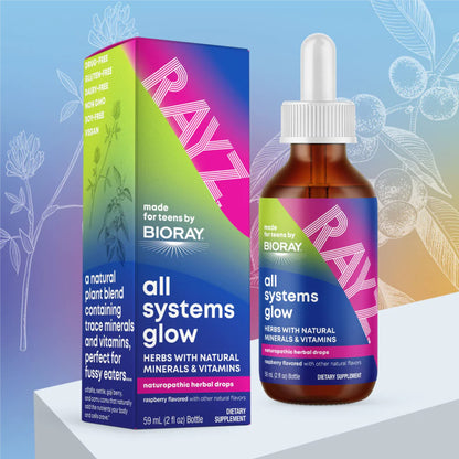 BIORAY RAYZ All Systems Glow, Raspberry Flavor - 2 fl oz - Convenient Source of Vitamins & Minerals for Teens 12-18 Years Old - dailyvitalstore