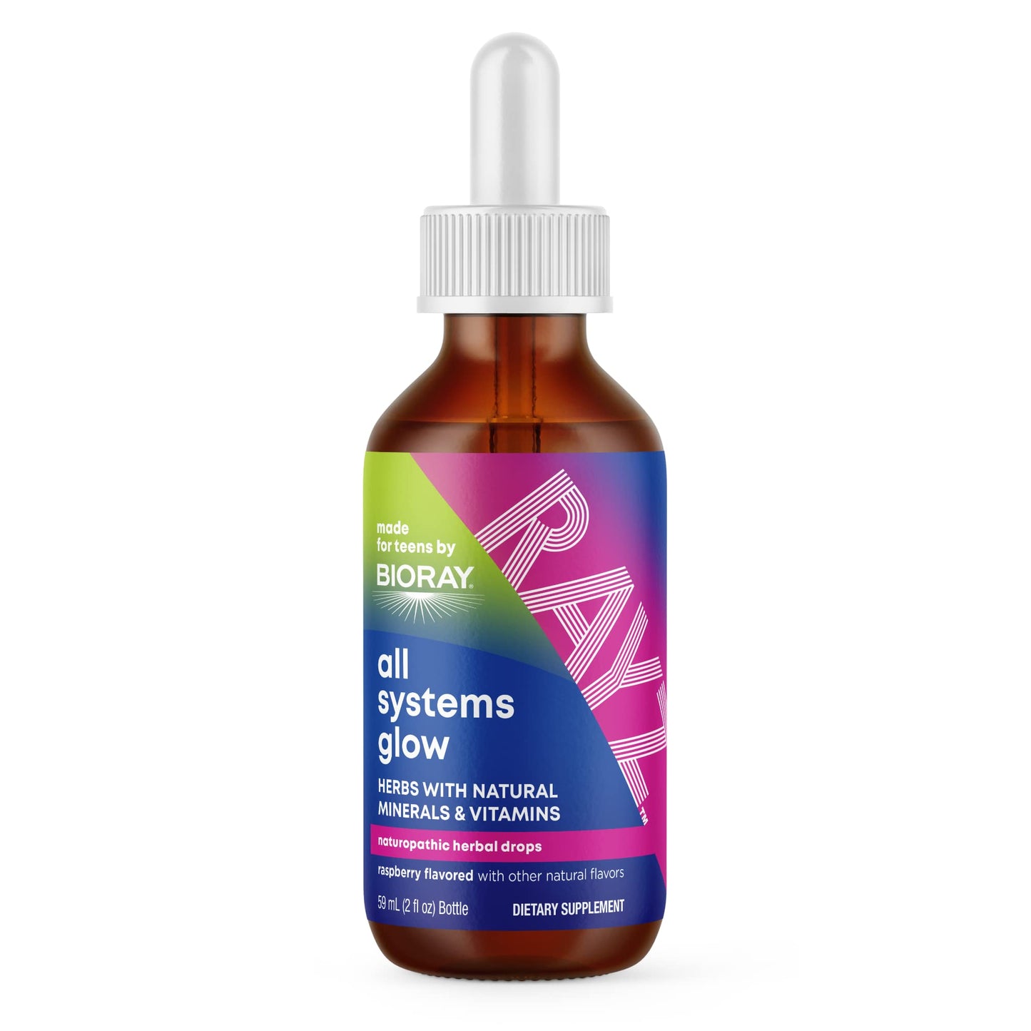 BIORAY RAYZ All Systems Glow, Raspberry Flavor - 2 fl oz - Convenient Source of Vitamins & Minerals for Teens 12-18 Years Old - dailyvitalstore