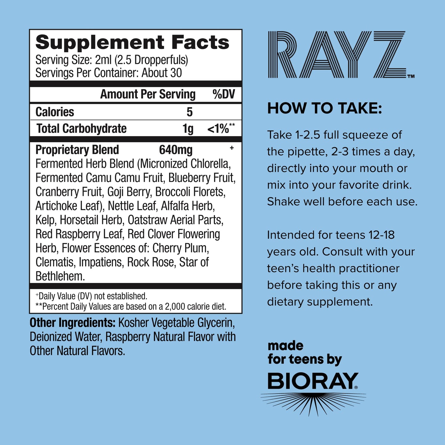 BIORAY RAYZ All Systems Glow, Raspberry Flavor - 2 fl oz - Convenient Source of Vitamins & Minerals for Teens 12-18 Years Old - dailyvitalstore