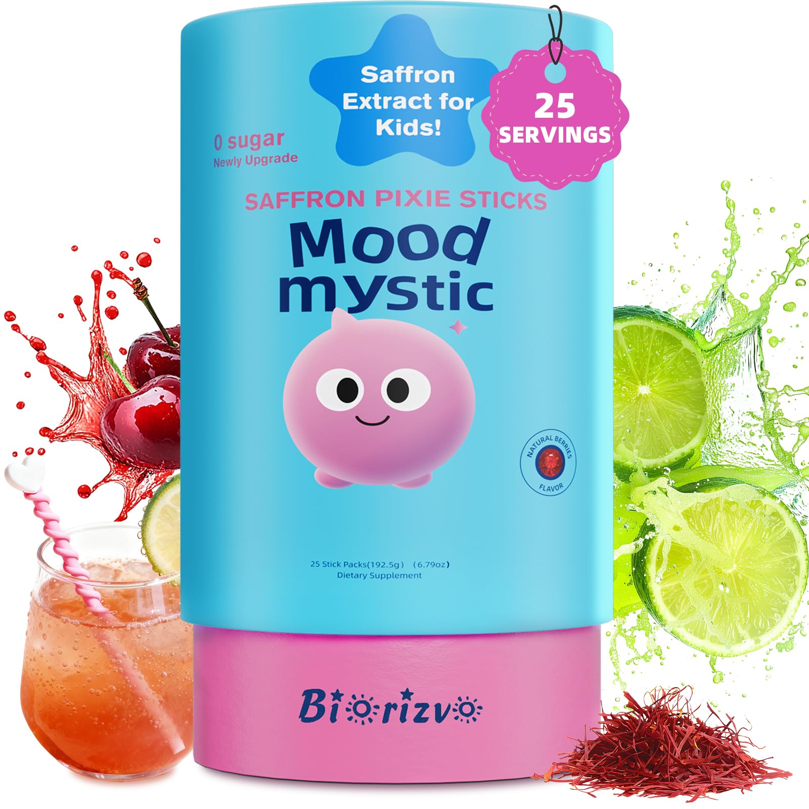 Biorizvo Saffron Drink for Kids - Saffron Exact Drink Mix with GABA, Magnesium & Vitamin D3 - Supports Mood Focus & Sleep, Calms Temper Tantrums, Fruit Punch Drink Sticks Mix for Kids 4+, Sugar-Free - dailyvitalstore