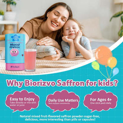 Biorizvo Saffron Drink for Kids - Saffron Exact Drink Mix with GABA, Magnesium & Vitamin D3 - Supports Mood Focus & Sleep, Calms Temper Tantrums, Fruit Punch Drink Sticks Mix for Kids 4+, Sugar-Free - dailyvitalstore