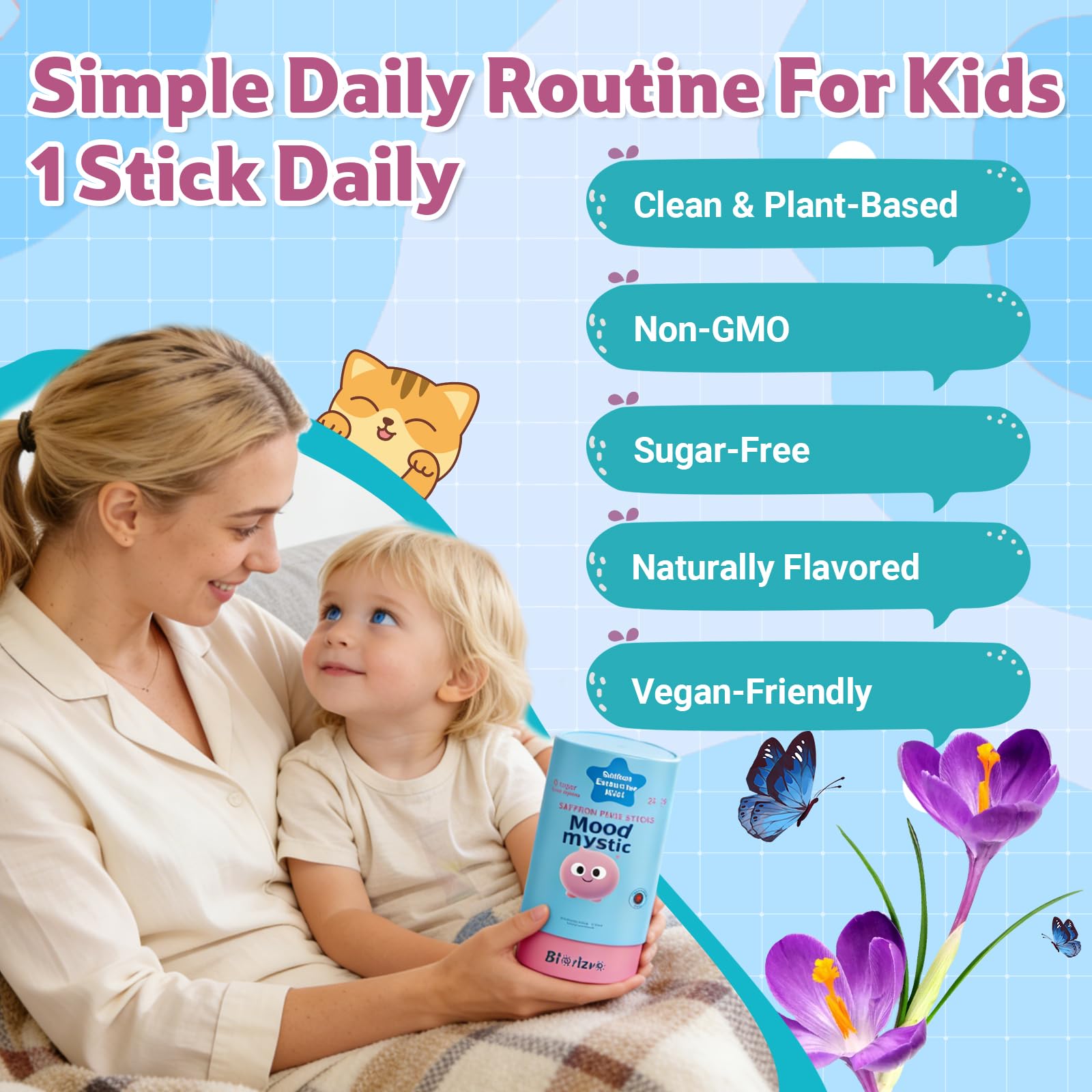 Biorizvo Saffron Drink for Kids - Saffron Exact Drink Mix with GABA, Magnesium & Vitamin D3 - Supports Mood Focus & Sleep, Calms Temper Tantrums, Fruit Punch Drink Sticks Mix for Kids 4+, Sugar-Free - dailyvitalstore