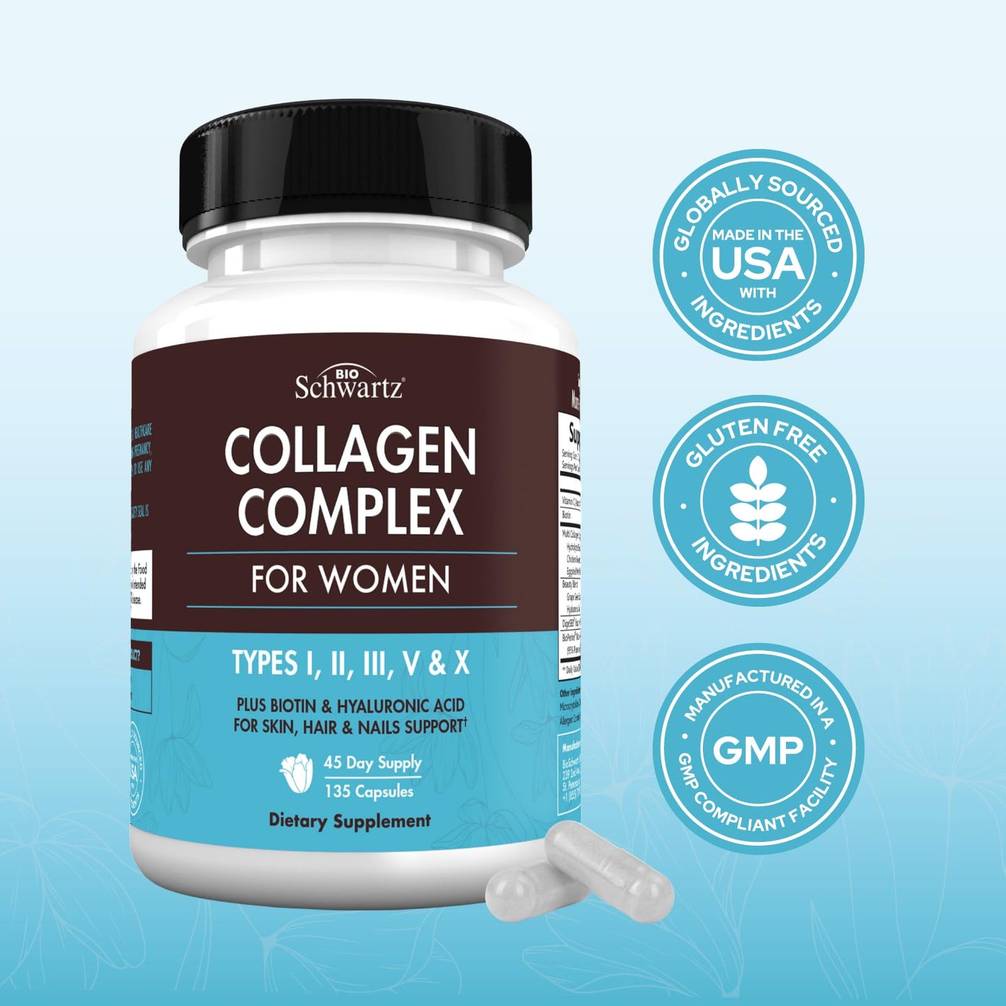 BioSchwartz Hydrolyzed Collagen Peptide Capsules - Multi Collagen Supplements for Women Types I, II, III, V, X with Vitamin C, Biotin, - dailyvitalstore