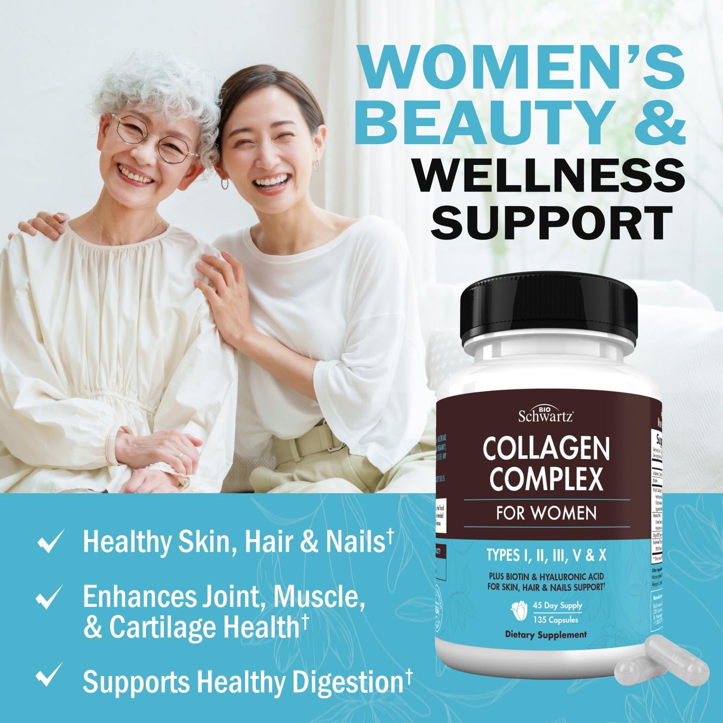 BioSchwartz Hydrolyzed Collagen Peptide Capsules - Multi Collagen Supplements for Women Types I, II, III, V, X with Vitamin C, Biotin, - dailyvitalstore