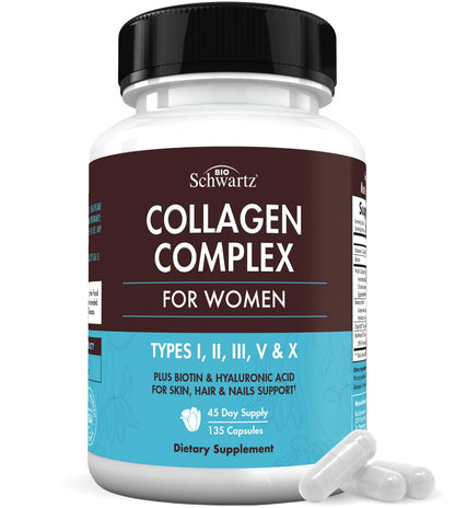 BioSchwartz Hydrolyzed Collagen Peptide Capsules - Multi Collagen Supplements for Women Types I, II, III, V, X with Vitamin C, Biotin, - dailyvitalstore