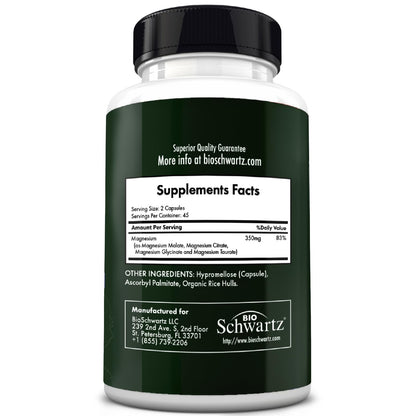 BioSchwartz Magnesium Complex Supplement (90 Capsules) 350mg Magnesium Glycinate Citrate Malate and Taurate Per Serving for Healthy Nerves Muscles Heart Sleep Support (Vegan, Gluten-Free, Non-GMO) - dailyvitalstore