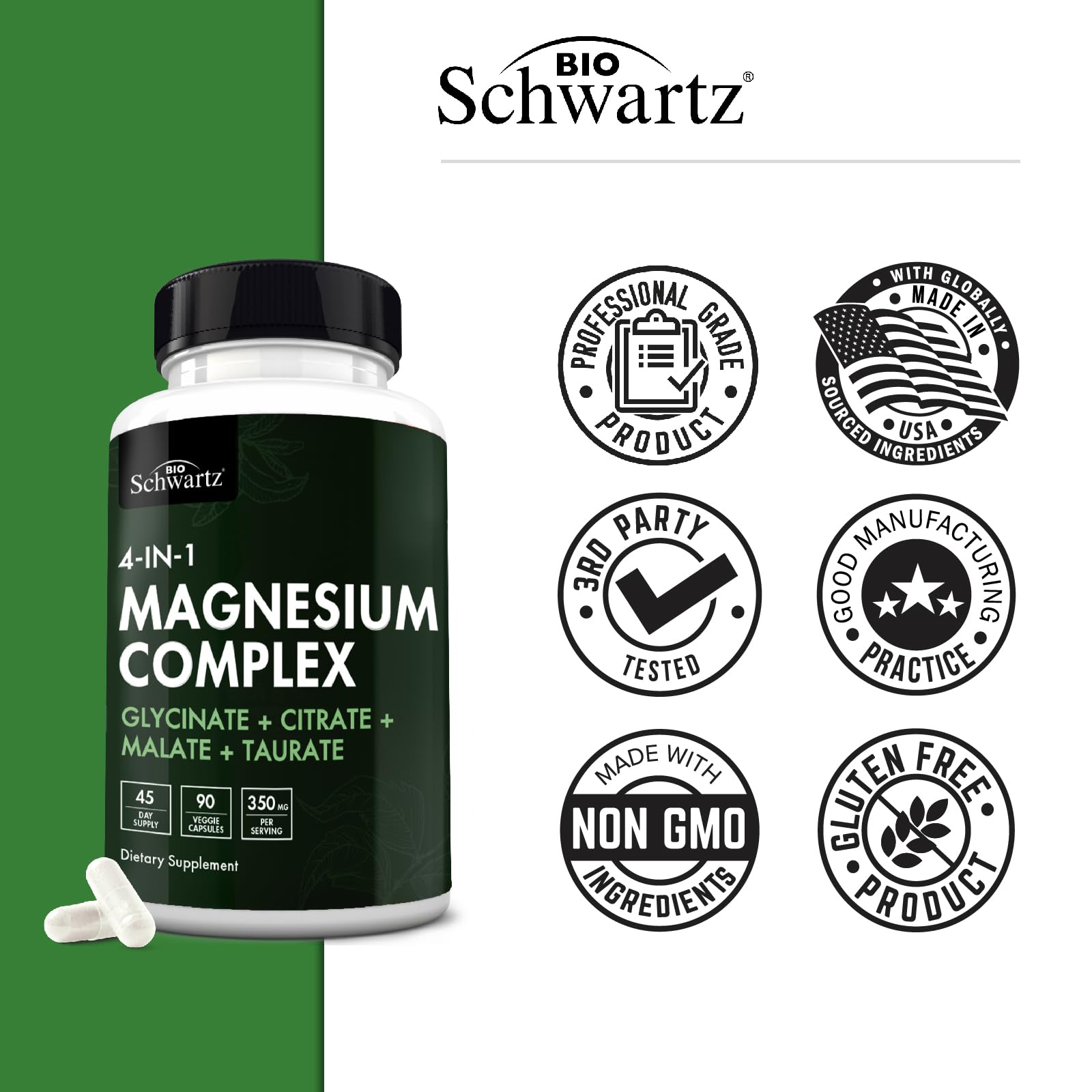 BioSchwartz Magnesium Complex Supplement (90 Capsules) 350mg Magnesium Glycinate Citrate Malate and Taurate Per Serving for Healthy Nerves Muscles Heart Sleep Support (Vegan, Gluten-Free, Non-GMO) - dailyvitalstore