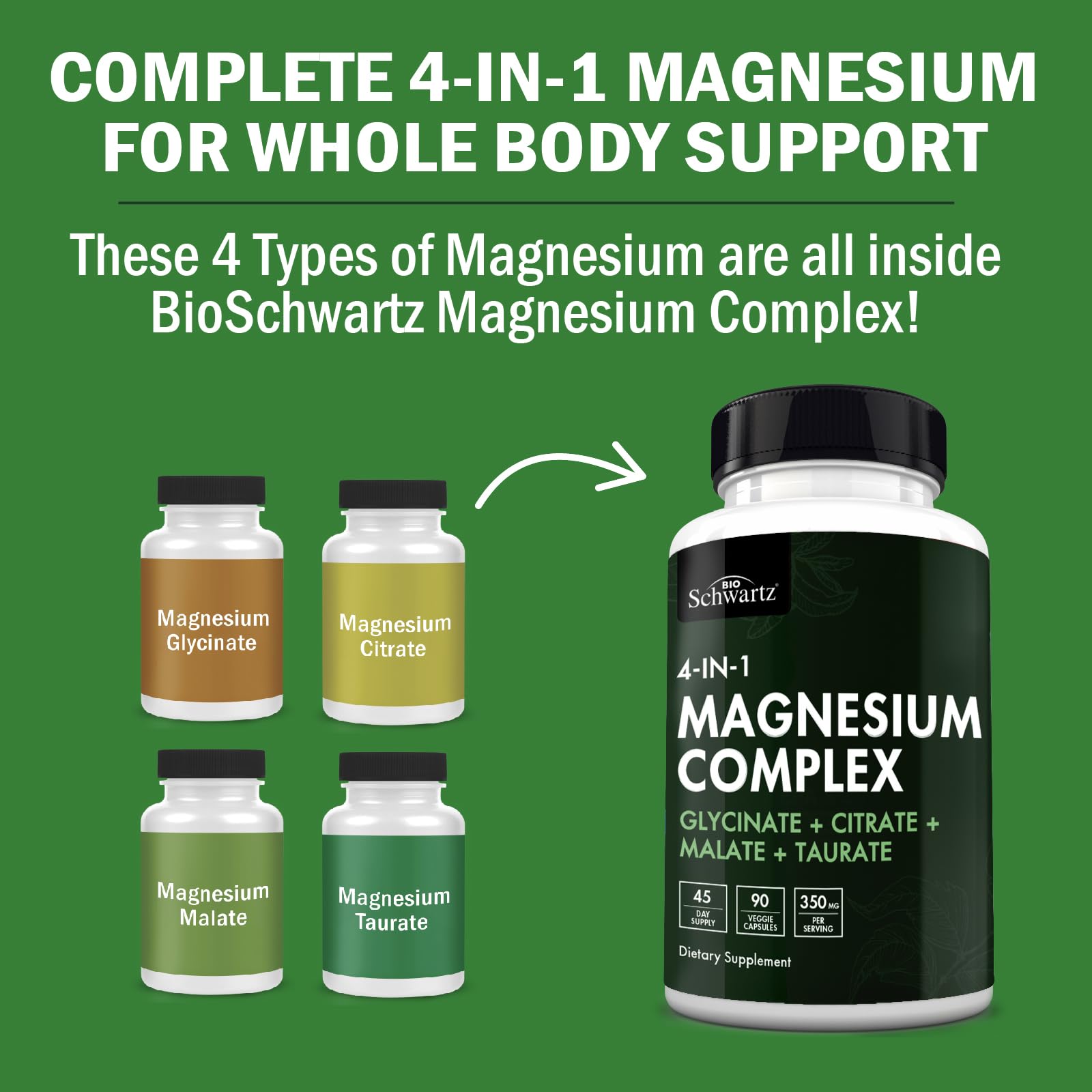 BioSchwartz Magnesium Complex Supplement (90 Capsules) 350mg Magnesium Glycinate Citrate Malate and Taurate Per Serving for Healthy Nerves Muscles Heart Sleep Support (Vegan, Gluten-Free, Non-GMO) - dailyvitalstore
