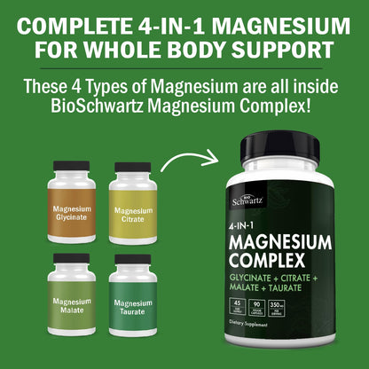 BioSchwartz Magnesium Complex Supplement (90 Capsules) 350mg Magnesium Glycinate Citrate Malate and Taurate Per Serving for Healthy Nerves Muscles Heart Sleep Support (Vegan, Gluten-Free, Non-GMO) - dailyvitalstore