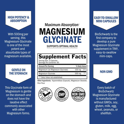 BioSchwartz Magnesium Glycinate 500mg Capsules (240 Mini Caps) Maximum Absorption Magnesium Supplement for Healthy Nerves Muscles Heart Mood and Sleep Support (Vegan, Gluten-Free, Non-GMO) - dailyvitalstore