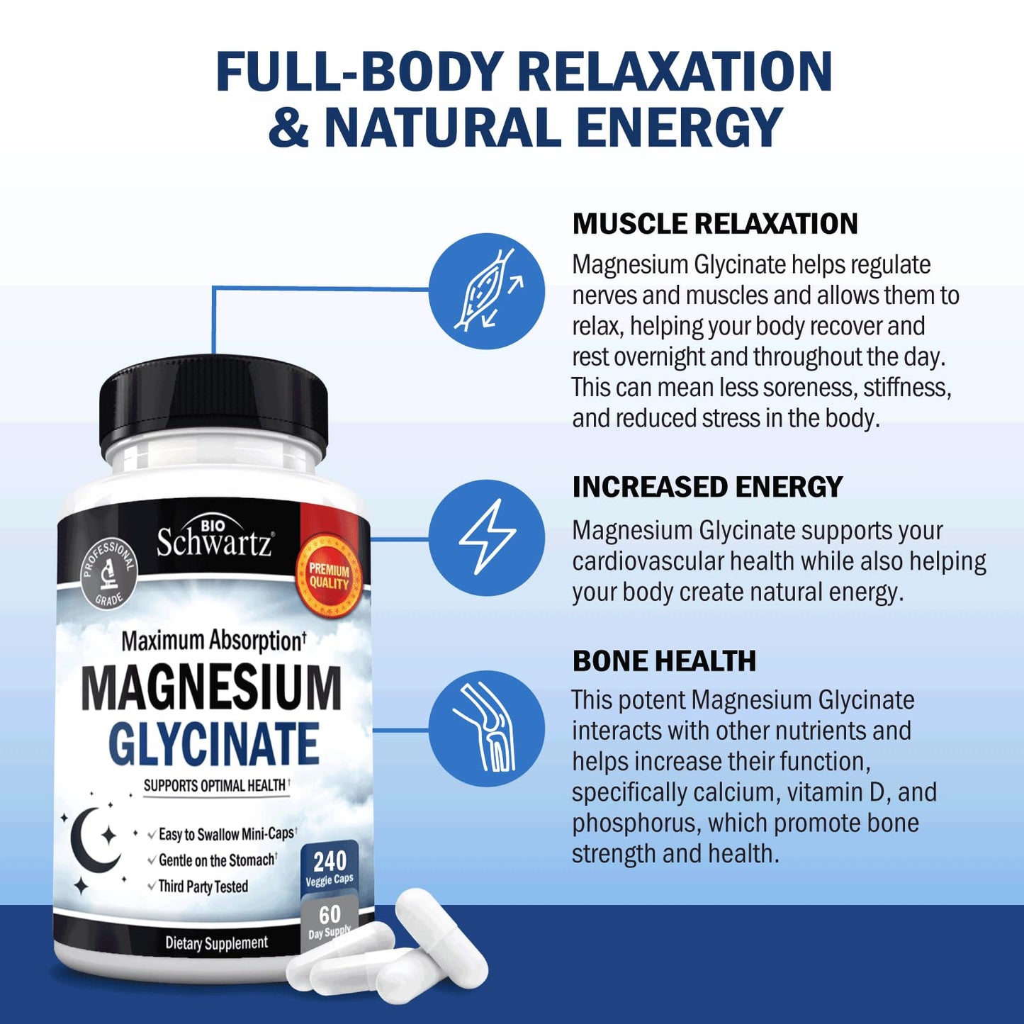 BioSchwartz Magnesium Glycinate 500mg Capsules (240 Mini Caps) Maximum Absorption Magnesium Supplement for Healthy Nerves Muscles Heart Mood and Sleep Support (Vegan, Gluten-Free, Non-GMO) - dailyvitalstore