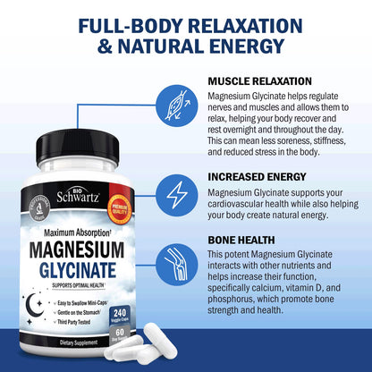 BioSchwartz Magnesium Glycinate 500mg Capsules (240 Mini Caps) Maximum Absorption Magnesium Supplement for Healthy Nerves Muscles Heart Mood and Sleep Support (Vegan, Gluten-Free, Non-GMO) - dailyvitalstore