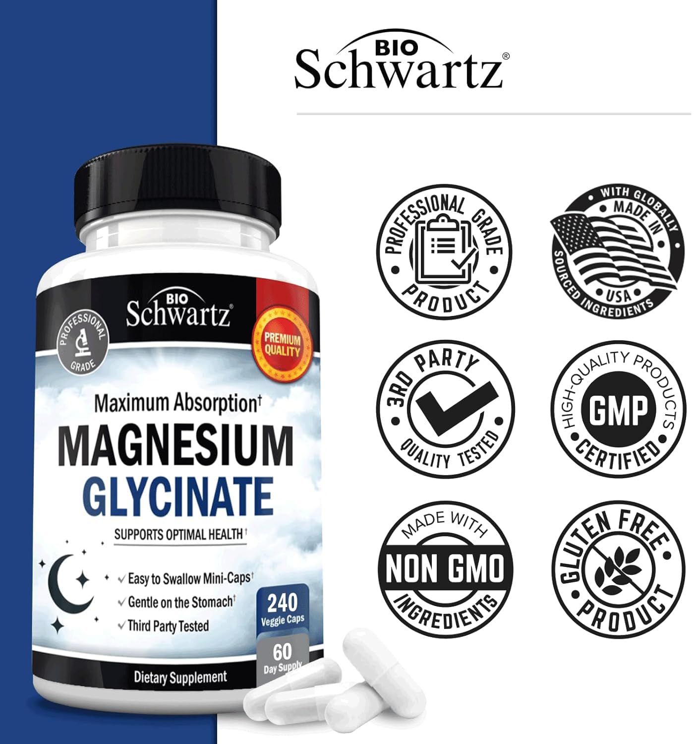 BioSchwartz Magnesium Glycinate 500mg Capsules (240 Mini Caps) Maximum Absorption Magnesium Supplement for Healthy Nerves Muscles Heart Mood and Sleep Support (Vegan, Gluten-Free, Non-GMO) - dailyvitalstore