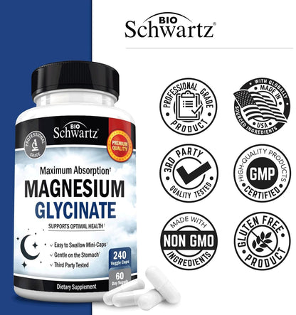 BioSchwartz Magnesium Glycinate 500mg Capsules (240 Mini Caps) Maximum Absorption Magnesium Supplement for Healthy Nerves Muscles Heart Mood and Sleep Support (Vegan, Gluten-Free, Non-GMO) - dailyvitalstore