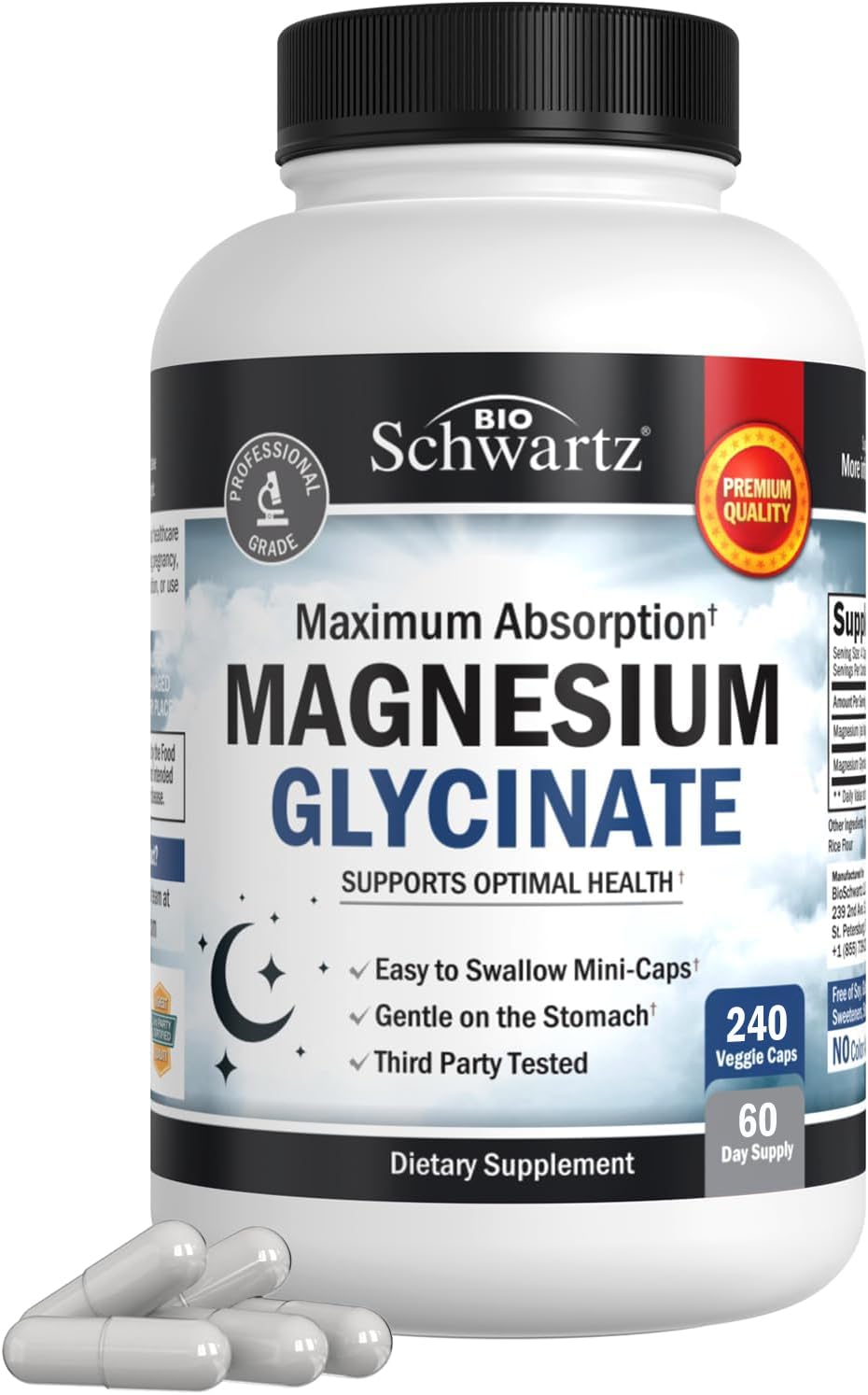 BioSchwartz Magnesium Glycinate 500mg Capsules (240 Mini Caps) Maximum Absorption Magnesium Supplement for Healthy Nerves Muscles Heart Mood and Sleep Support (Vegan, Gluten-Free, Non-GMO) - dailyvitalstore
