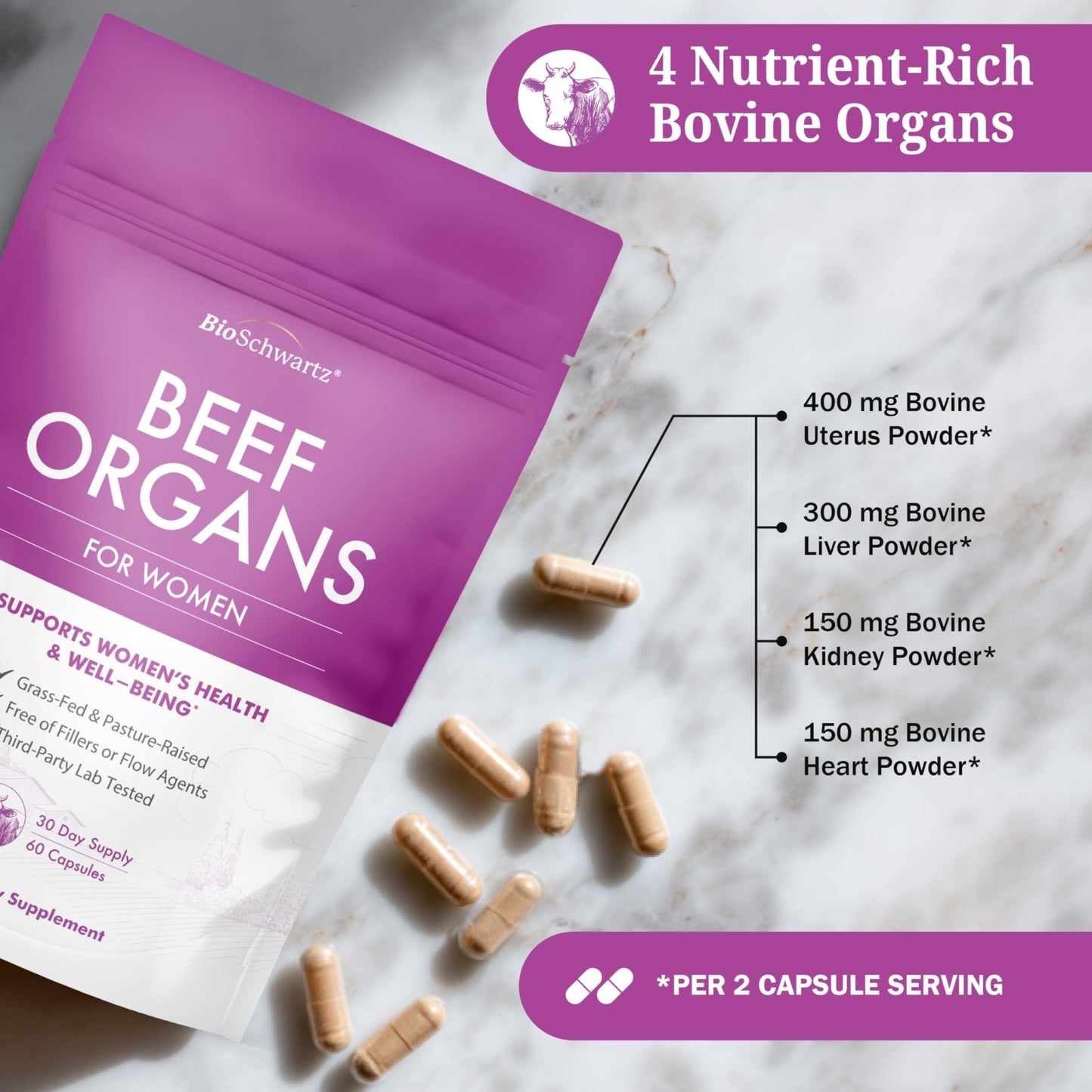 BioSchwartz Primal Beef Organ Supplement for Women - 60 Capsules - Grass-Fed & Pasture-Raised - Supports Healthy Hair Skin and Nails, Hormone Balance - with Bovine Liver, Kidney, Heart, Uterus Powder - dailyvitalstore