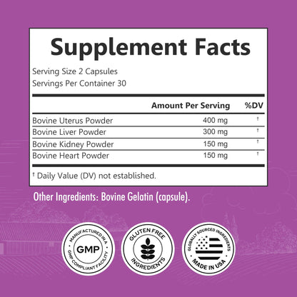 BioSchwartz Primal Beef Organ Supplement for Women - 60 Capsules - Grass-Fed & Pasture-Raised - Supports Healthy Hair Skin and Nails, Hormone Balance - with Bovine Liver, Kidney, Heart, Uterus Powder - dailyvitalstore