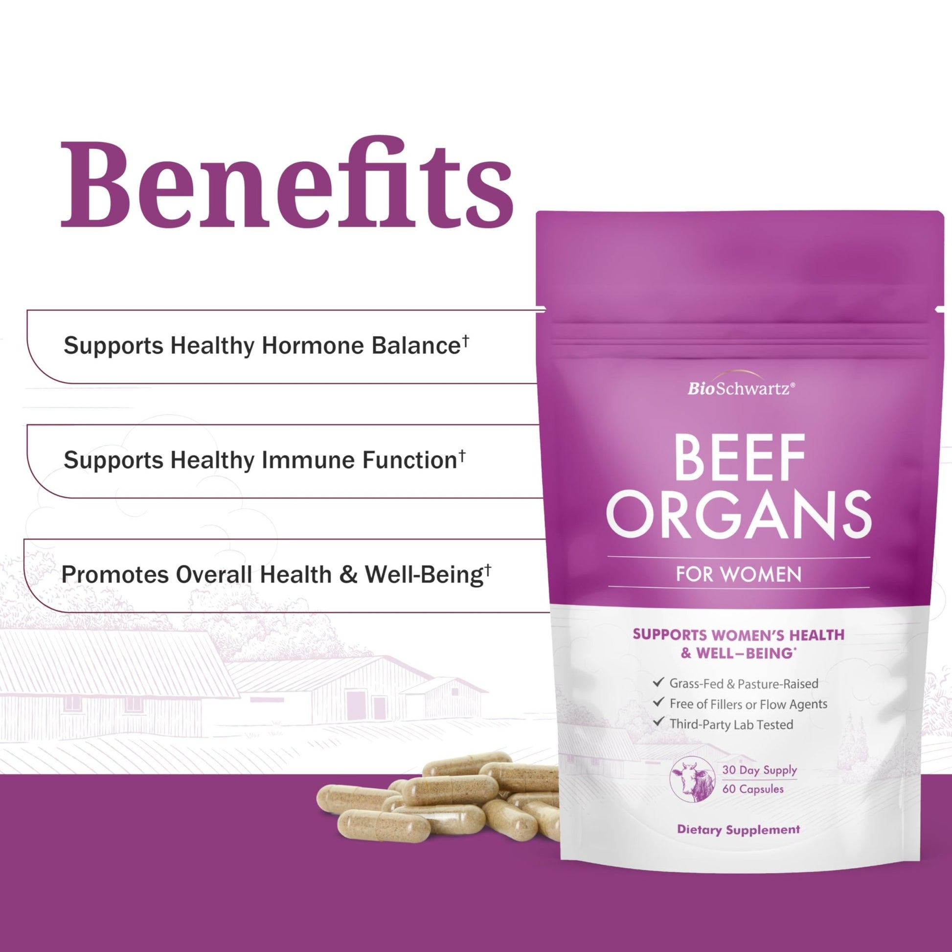 BioSchwartz Primal Beef Organ Supplement for Women - 60 Capsules - Grass-Fed & Pasture-Raised - Supports Healthy Hair Skin and Nails, Hormone Balance - with Bovine Liver, Kidney, Heart, Uterus Powder - dailyvitalstore