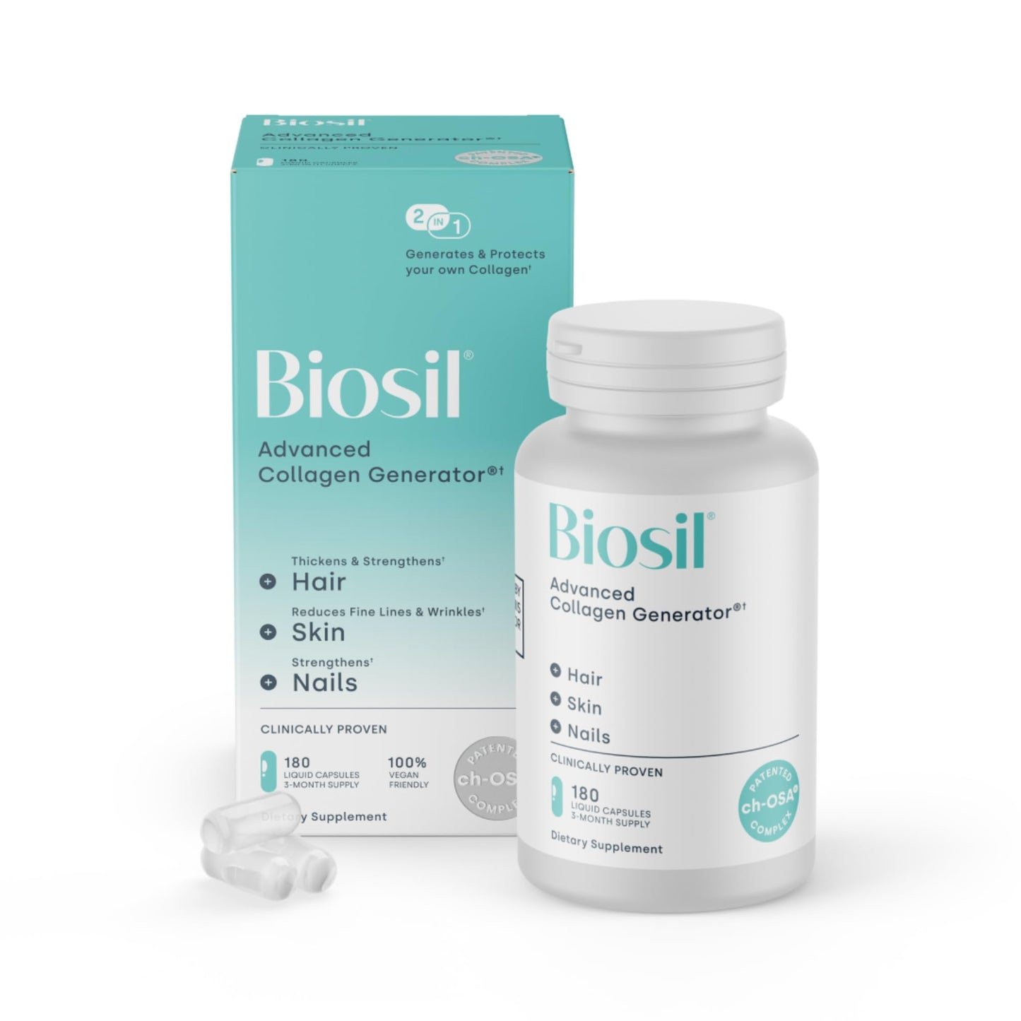 Biosil Collagen Booster Supplement - 180 Vegan Capsules - Patented ch-OSA Activator for Skin, Hair, Nails & Joints - Supports Natural Production - 90-Day Supply - dailyvitalstore