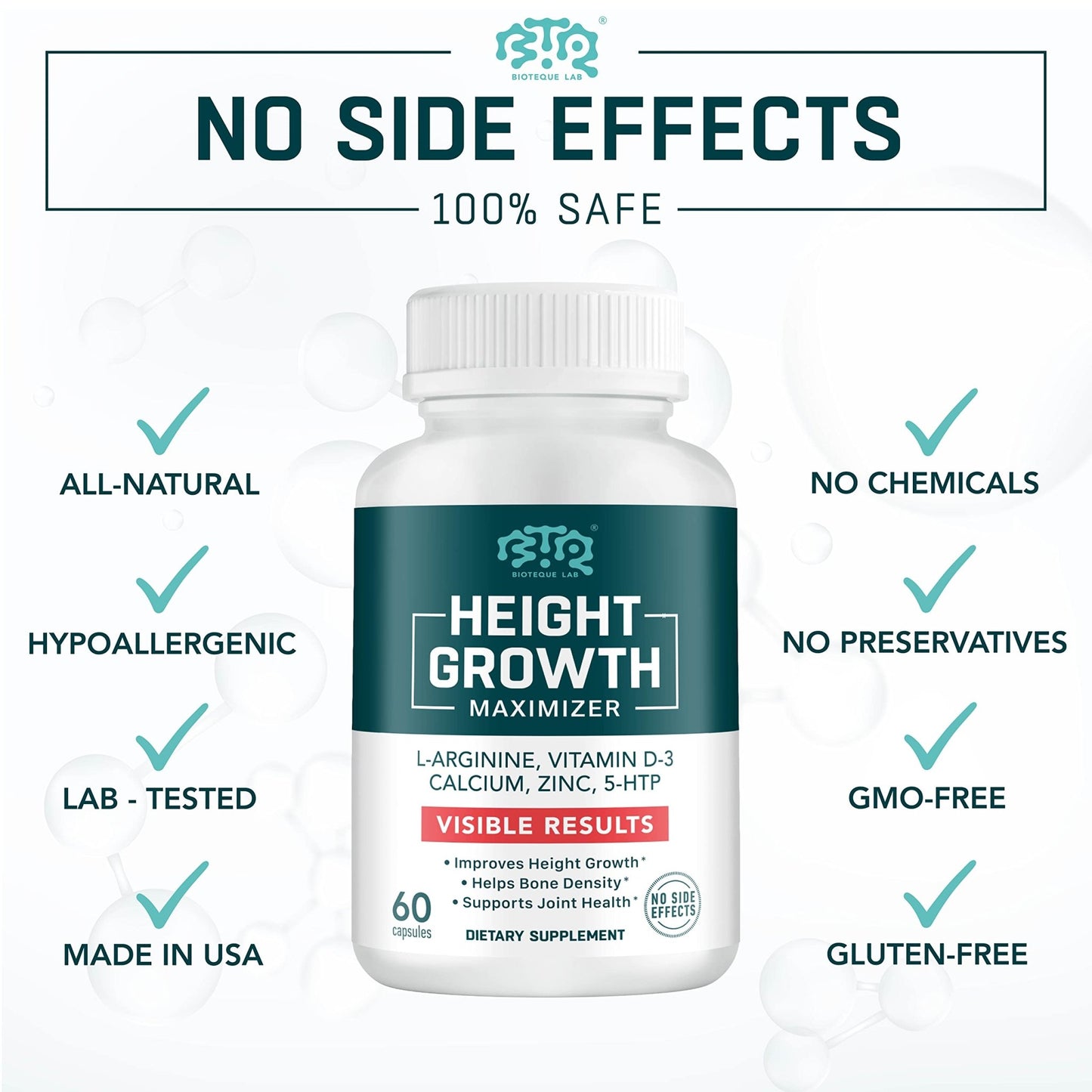 BIOTEQUELAB Height Growth Maximizer, Calcium, Vitamin D3 and Zinc Blend Pills, Bone Growth Supplement for Kids and Teens, Bone Strength, Density Support, GMO-Free, Gluten-Free, Made in USA, 60 Caps - dailyvitalstore