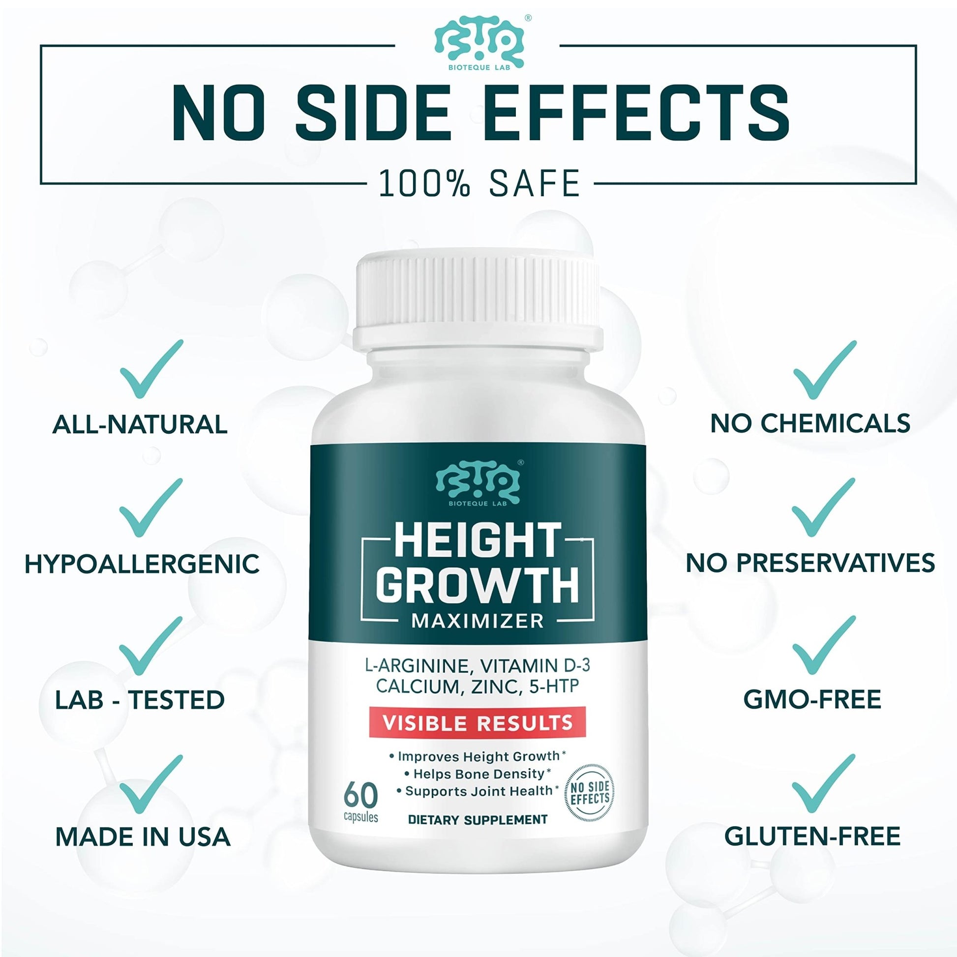 BIOTEQUELAB Height Growth Maximizer, Calcium, Vitamin D3 and Zinc Blend Pills, Bone Growth Supplement for Kids and Teens, Bone Strength, Density Support, GMO-Free, Gluten-Free, Made in USA, 60 Caps - dailyvitalstore