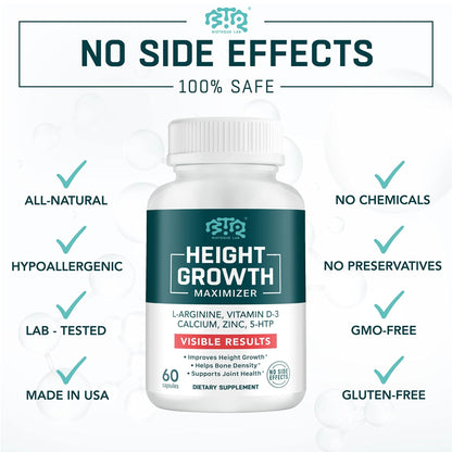 BIOTEQUELAB Height Growth Maximizer, Calcium, Vitamin D3 and Zinc Blend Pills, Bone Growth Supplement for Kids and Teens, Bone Strength, Density Support, GMO-Free, Gluten-Free, Made in USA, 60 Caps - dailyvitalstore