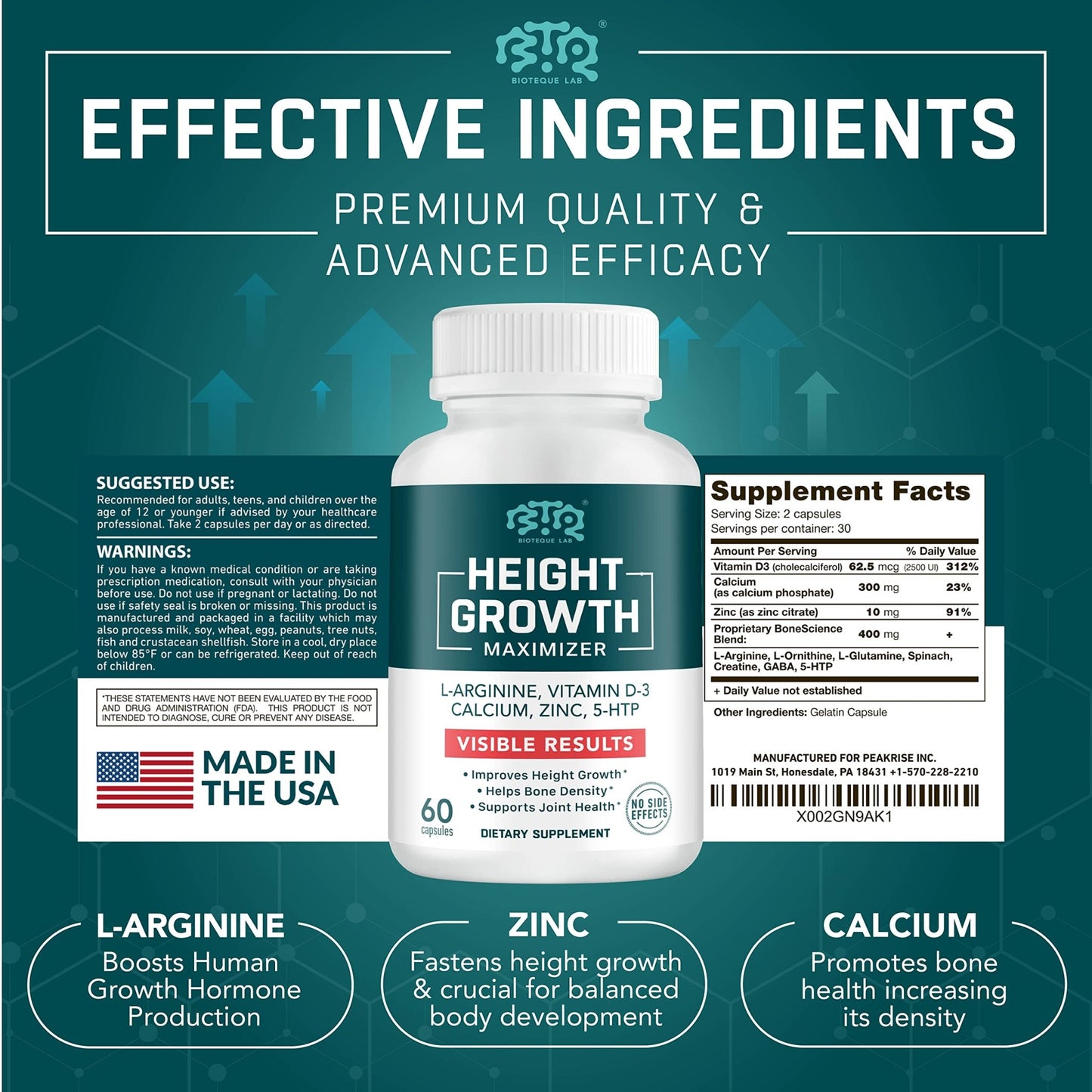 BIOTEQUELAB Height Growth Maximizer, Calcium, Vitamin D3 and Zinc Blend Pills, Bone Growth Supplement for Kids and Teens, Bone Strength, Density Support, GMO-Free, Gluten-Free, Made in USA, 60 Caps - dailyvitalstore