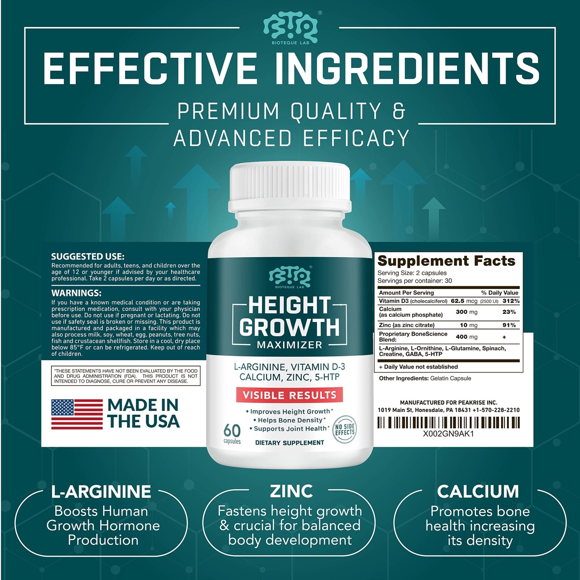 BIOTEQUELAB Height Growth Maximizer, Calcium, Vitamin D3 and Zinc Blend Pills, Bone Growth Supplement for Kids and Teens, Bone Strength, Density Support, GMO-Free, Gluten-Free, Made in USA, 60 Caps - dailyvitalstore