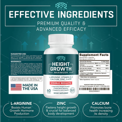 BIOTEQUELAB Height Growth Maximizer, Calcium, Vitamin D3 and Zinc Blend Pills, Bone Growth Supplement for Kids and Teens, Bone Strength, Density Support, GMO-Free, Gluten-Free, Made in USA, 60 Caps - dailyvitalstore