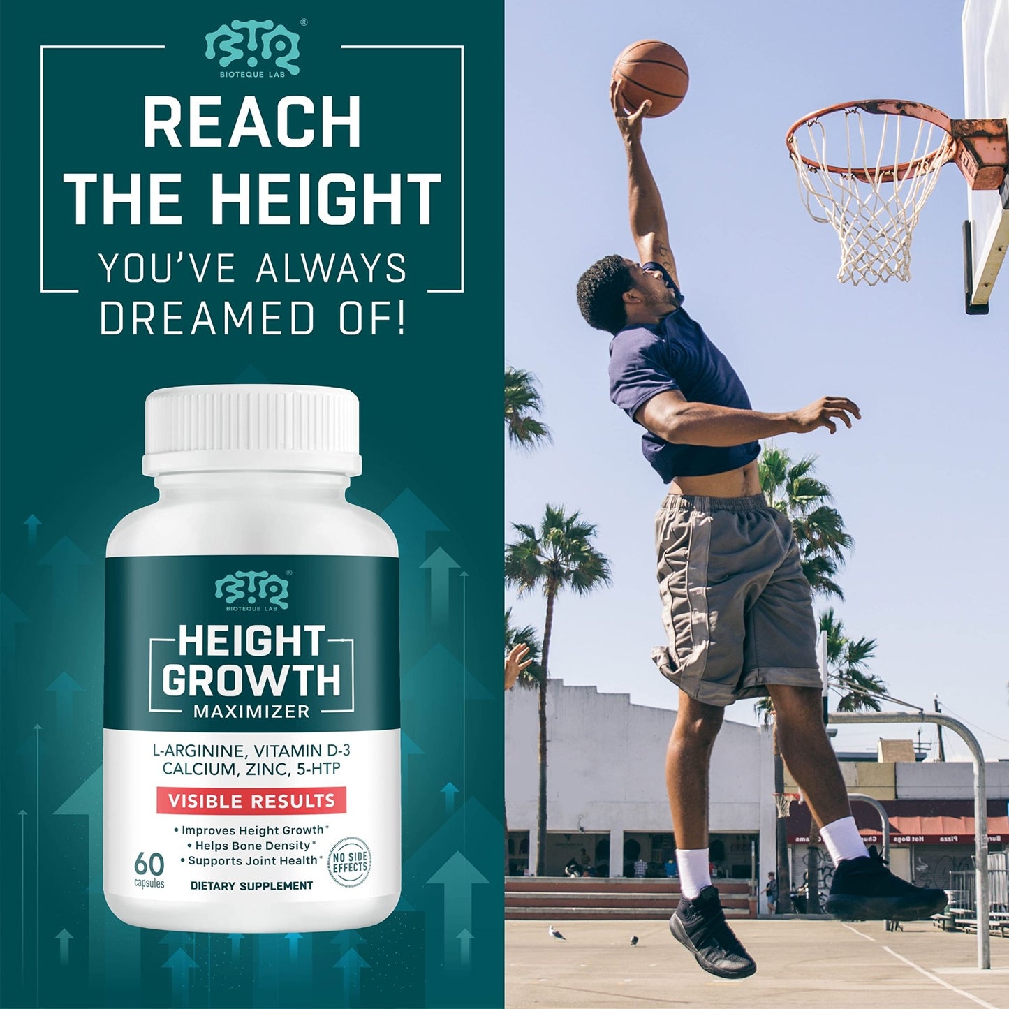 BIOTEQUELAB Height Growth Maximizer, Calcium, Vitamin D3 and Zinc Blend Pills, Bone Growth Supplement for Kids and Teens, Bone Strength, Density Support, GMO-Free, Gluten-Free, Made in USA, 60 Caps - dailyvitalstore