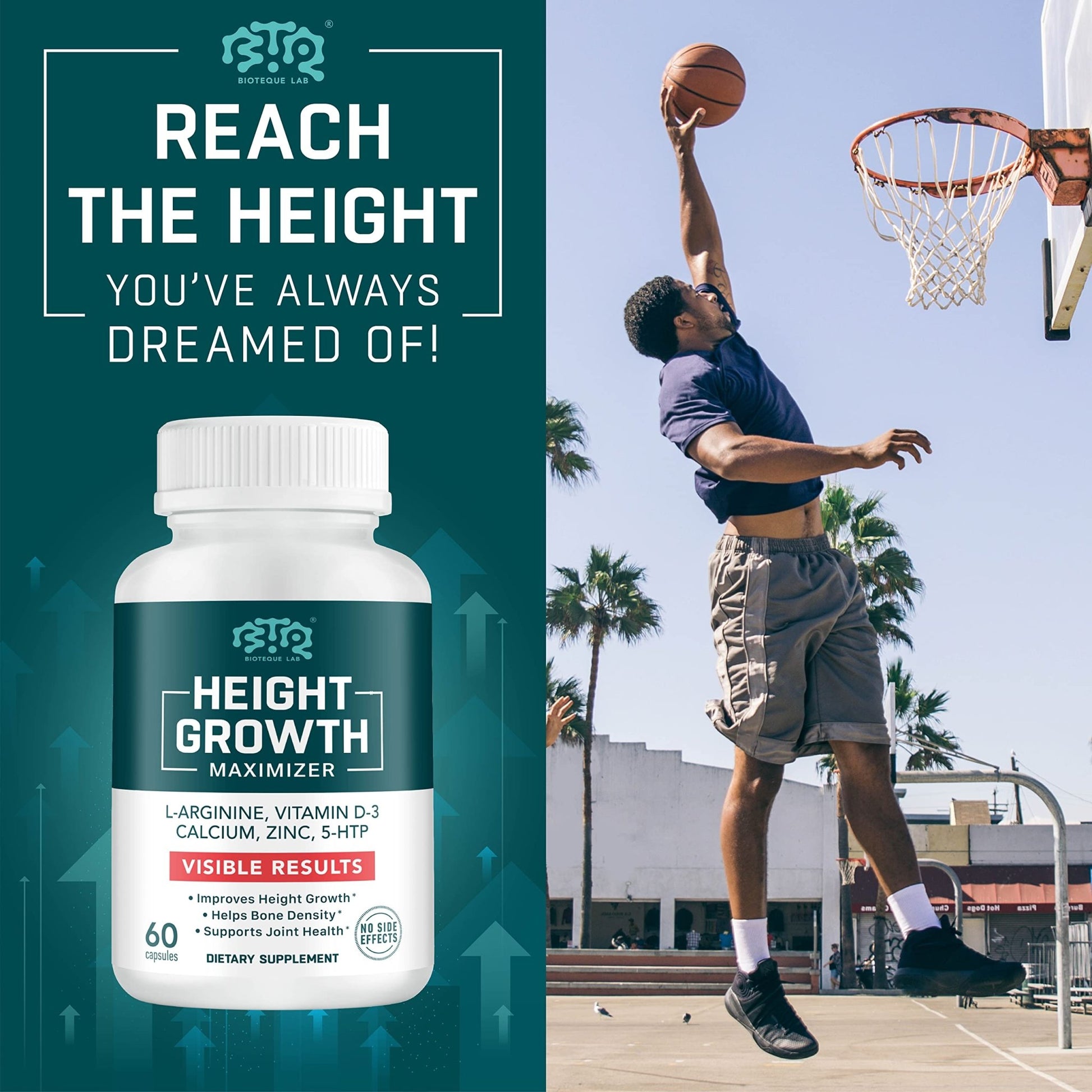 BIOTEQUELAB Height Growth Maximizer, Calcium, Vitamin D3 and Zinc Blend Pills, Bone Growth Supplement for Kids and Teens, Bone Strength, Density Support, GMO-Free, Gluten-Free, Made in USA, 60 Caps - dailyvitalstore