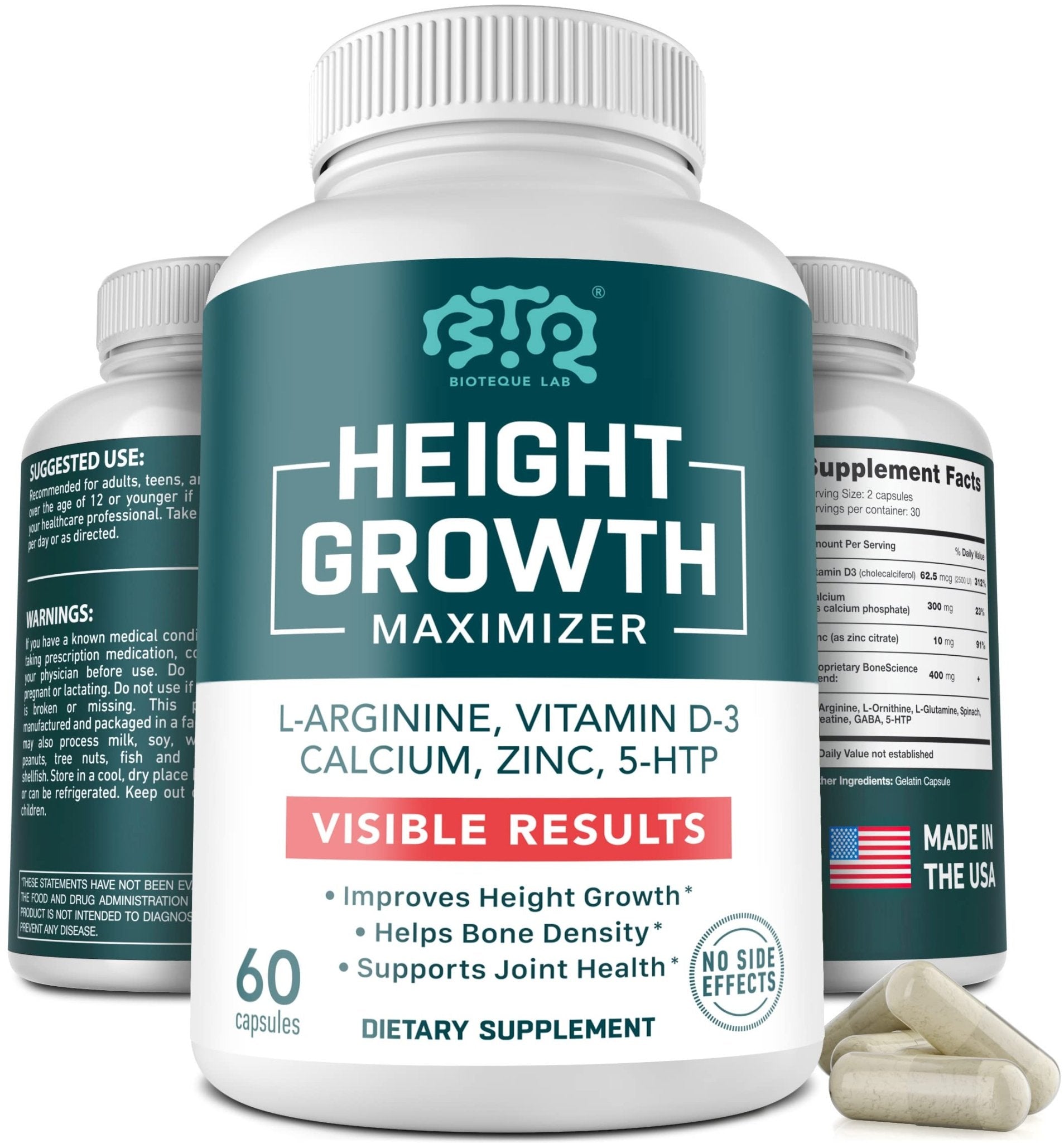 BIOTEQUELAB Height Growth Maximizer, Calcium, Vitamin D3 and Zinc Blend Pills, Bone Growth Supplement for Kids and Teens, Bone Strength, Density Support, GMO-Free, Gluten-Free, Made in USA, 60 Caps - dailyvitalstore