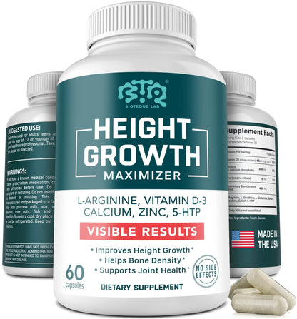 BIOTEQUELAB Height Growth Maximizer, Calcium, Vitamin D3 and Zinc Blend Pills, Bone Growth Supplement for Kids and Teens, Bone Strength, Density Support, GMO-Free, Gluten-Free, Made in USA, 60 Caps - dailyvitalstore