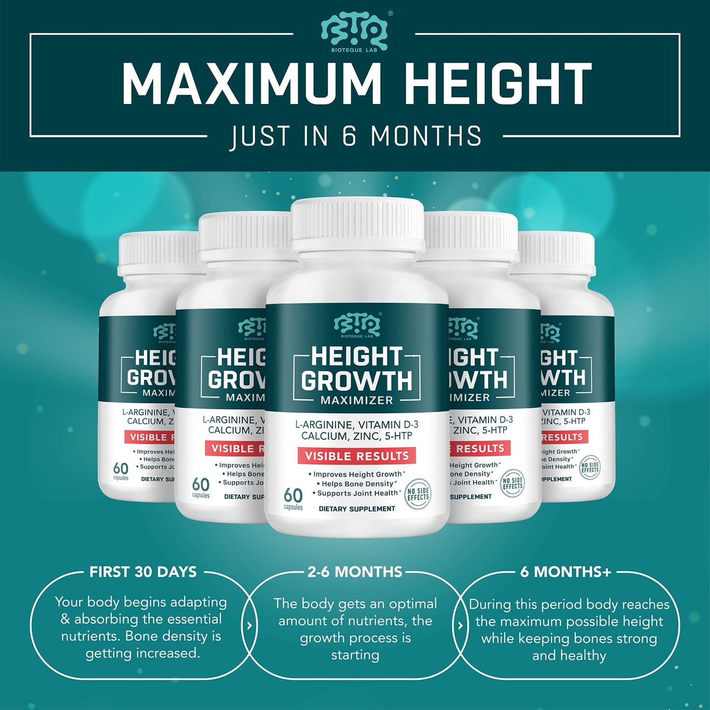 BIOTEQUELAB Height Growth Maximizer, Calcium, Vitamin D3 and Zinc Blend Pills, Bone Growth Supplement for Kids and Teens, Bone Strength, Density Support, GMO-Free, Gluten-Free, Made in USA, 60 Caps - dailyvitalstore