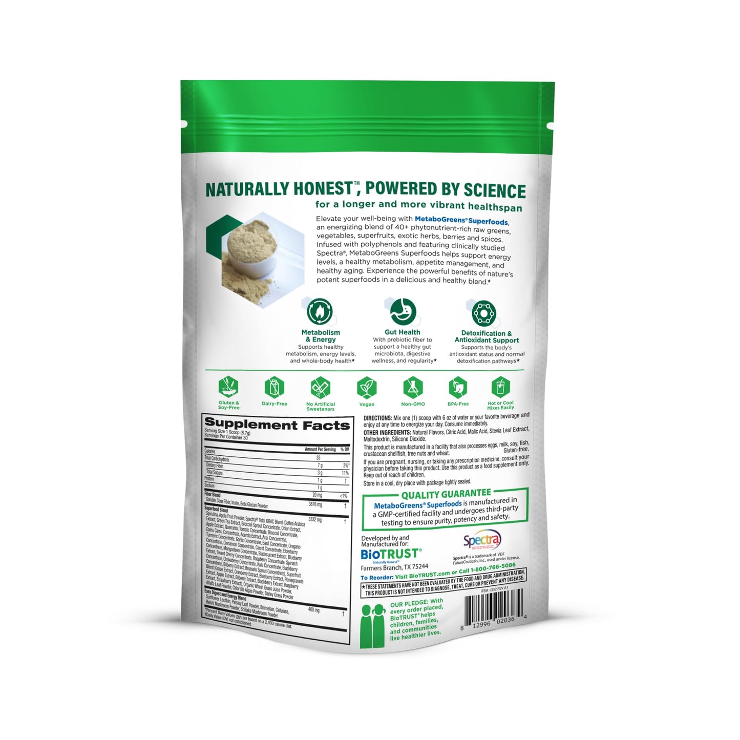 BioTrust Metabo Greens Superfood Powder - Super Greens Powder, Fruit & Veggie Blend with Clinically Studied Spectra - Non GMO, Soy Free, Gluten Free, Dairy Free, Energizing Berry Flavor (30 Servings) - dailyvitalstore