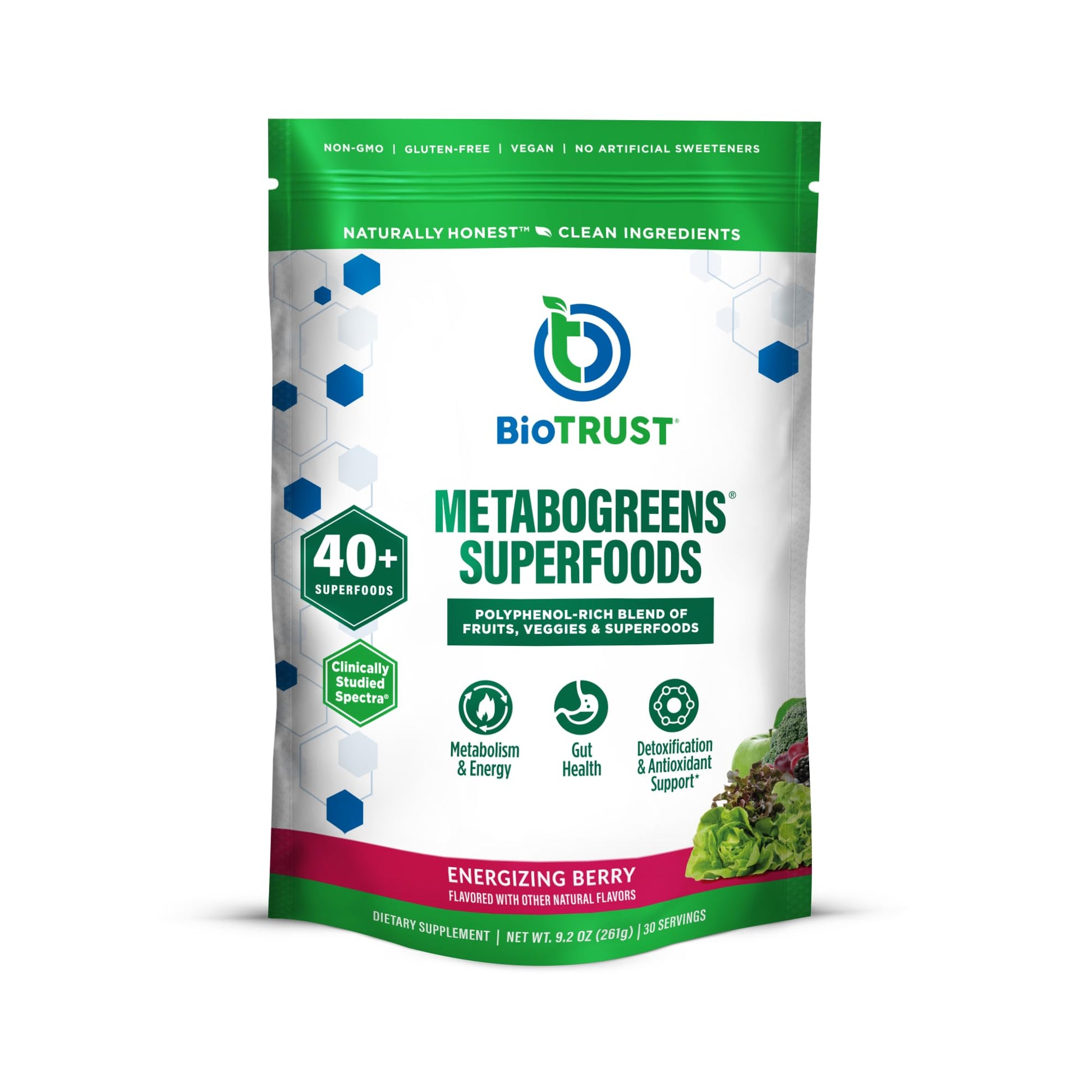 BioTrust Metabo Greens Superfood Powder - Super Greens Powder, Fruit & Veggie Blend with Clinically Studied Spectra - Non GMO, Soy Free, Gluten Free, Dairy Free, Energizing Berry Flavor (30 Servings) - dailyvitalstore
