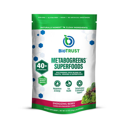 BioTrust Metabo Greens Superfood Powder - Super Greens Powder, Fruit & Veggie Blend with Clinically Studied Spectra - Non GMO, Soy Free, Gluten Free, Dairy Free, Energizing Berry Flavor (30 Servings) - dailyvitalstore