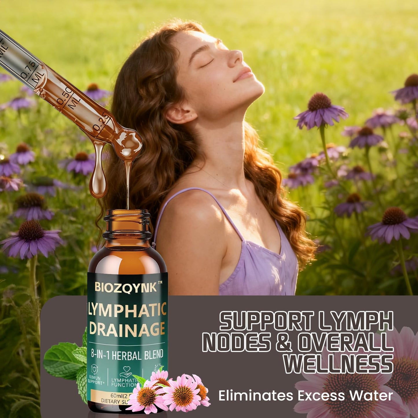 BIOZQYNK Lymphatic Drainage Liquid Drops – Herbal Extracts & Botanicals for Circulation, Immune & Detox Support – Alcohol-Free, Vegan (2 fl oz) - dailyvitalstore