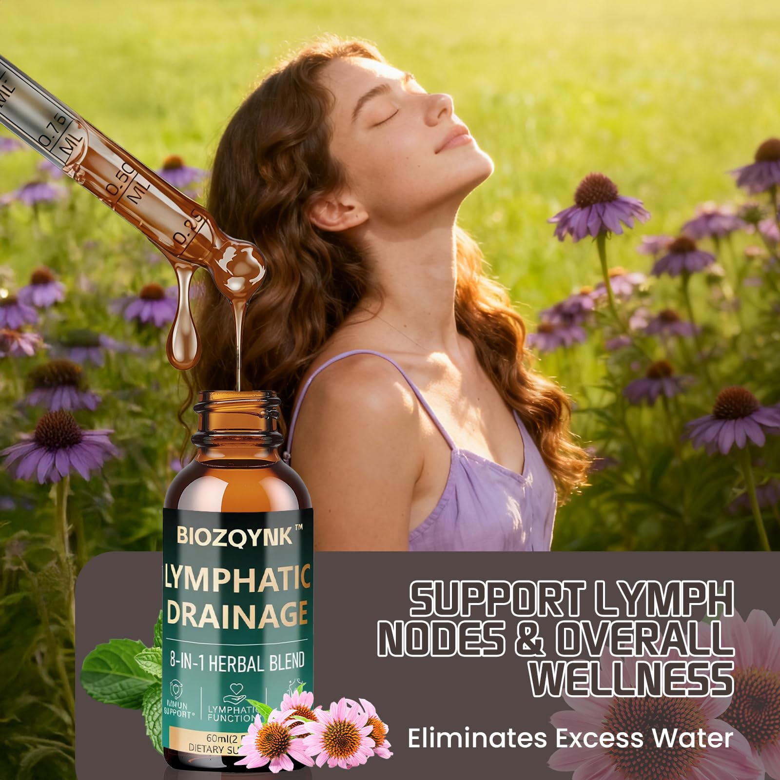 BIOZQYNK Lymphatic Drainage Liquid Drops – Herbal Extracts & Botanicals for Circulation, Immune & Detox Support – Alcohol-Free, Vegan (2 fl oz) - dailyvitalstore