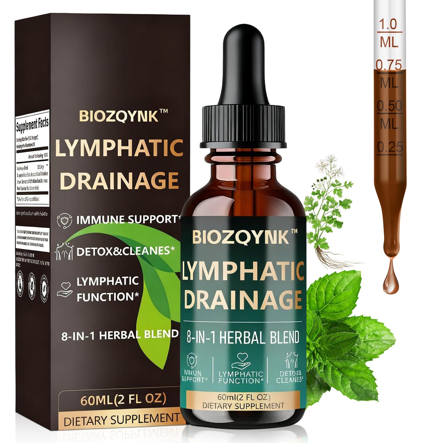 BIOZQYNK Lymphatic Drainage Liquid Drops – Herbal Extracts & Botanicals for Circulation, Immune & Detox Support – Alcohol-Free, Vegan (2 fl oz) - dailyvitalstore