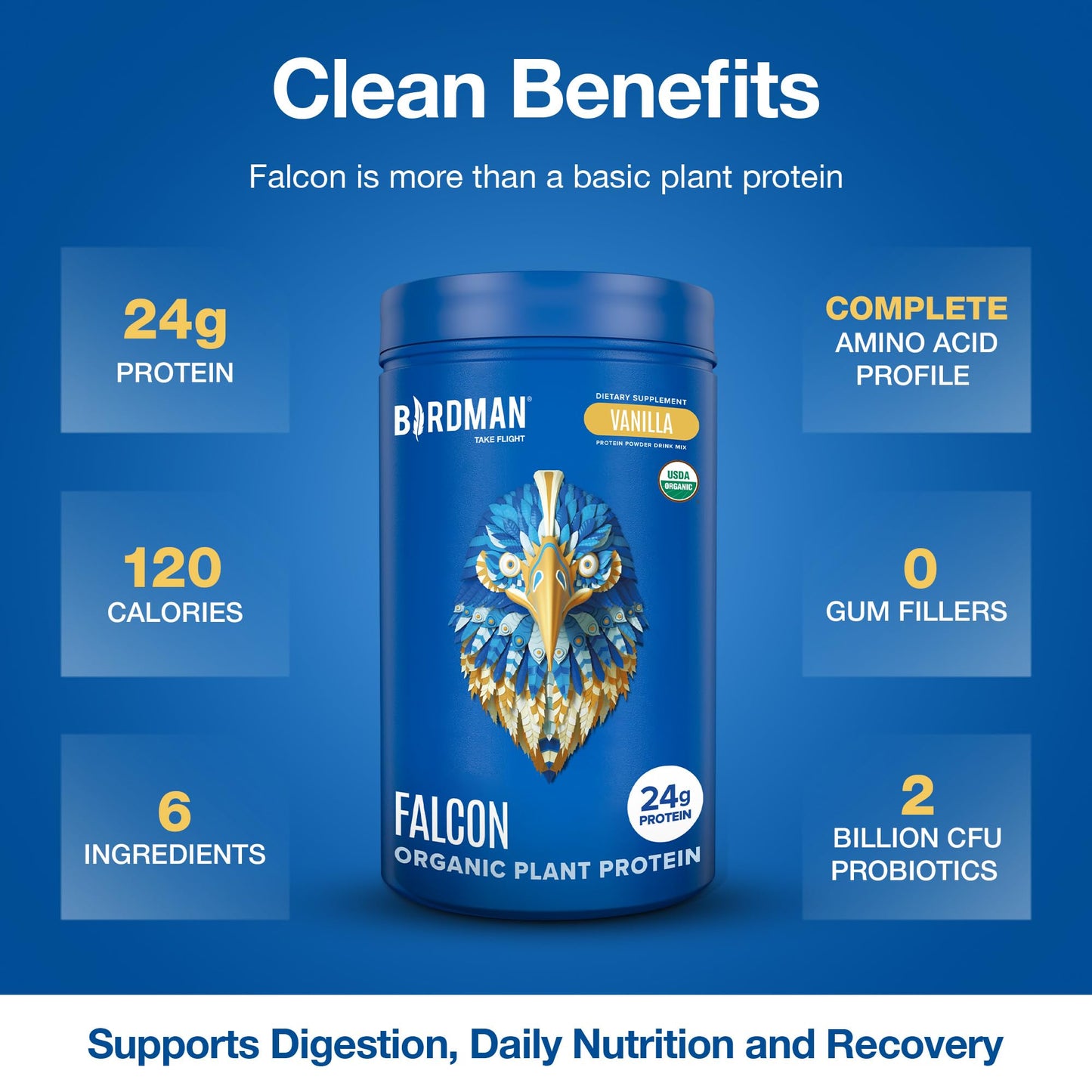 BIRDMAN Falcon Organic Vegan Protein Powder Vanilla, 24g Protein, Sugar Free, Probiotics, Low Carb, Keto Friendly, Dairy Free, Lactose Free, Non Whey - dailyvitalstore