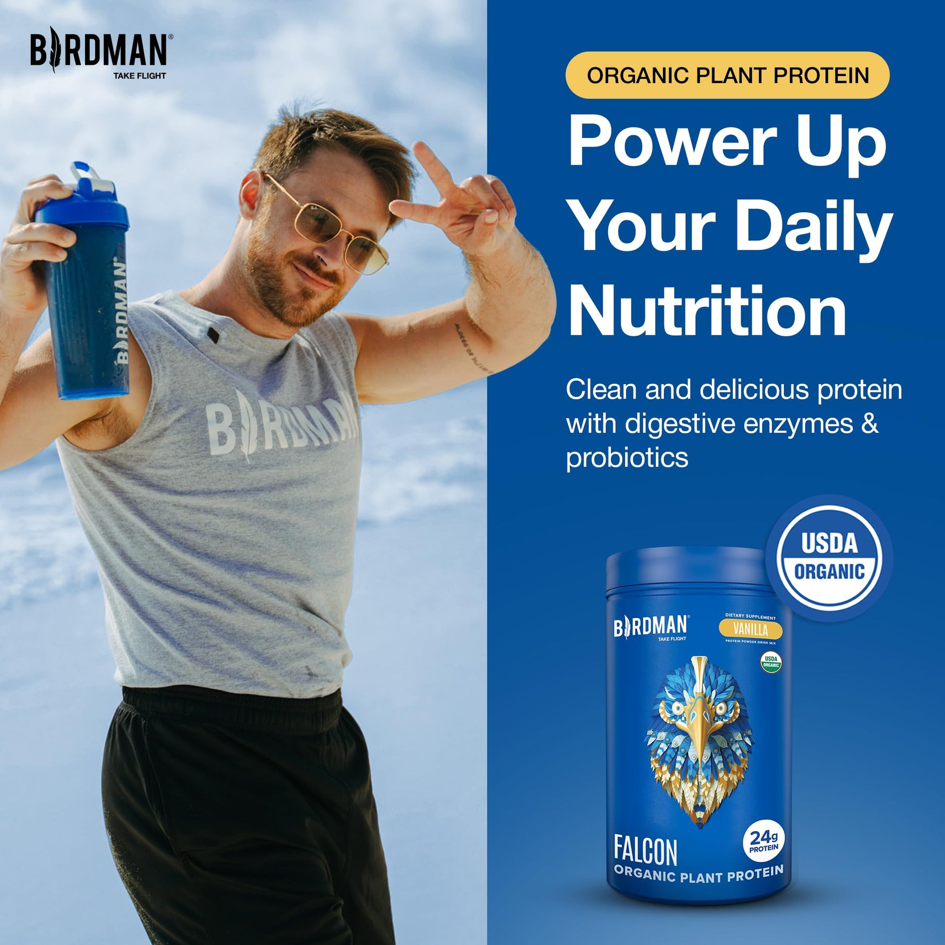 BIRDMAN Falcon Organic Vegan Protein Powder Vanilla, 24g Protein, Sugar Free, Probiotics, Low Carb, Keto Friendly, Dairy Free, Lactose Free, Non Whey - dailyvitalstore