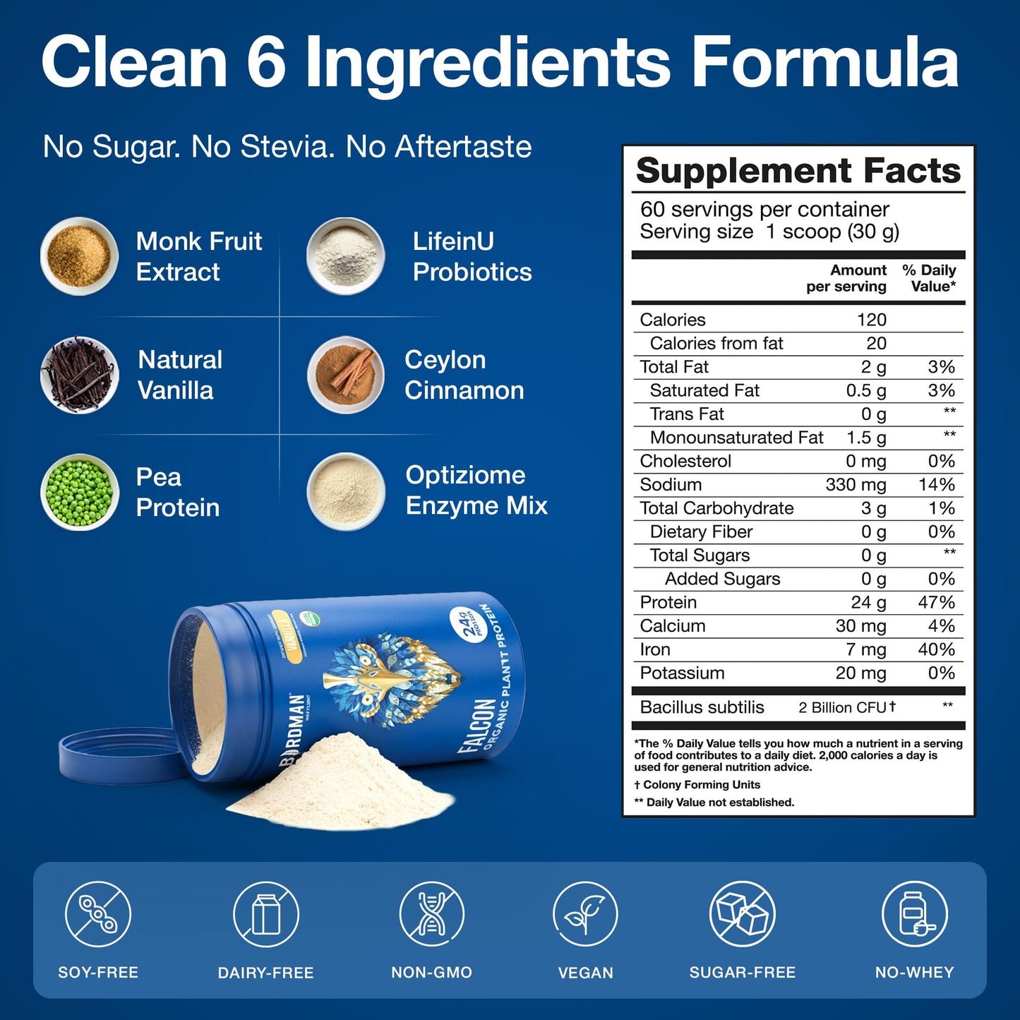 BIRDMAN Falcon Organic Vegan Protein Powder Vanilla, 24g Protein, Sugar Free, Probiotics, Low Carb, Keto Friendly, Dairy Free, Lactose Free, Non Whey - dailyvitalstore