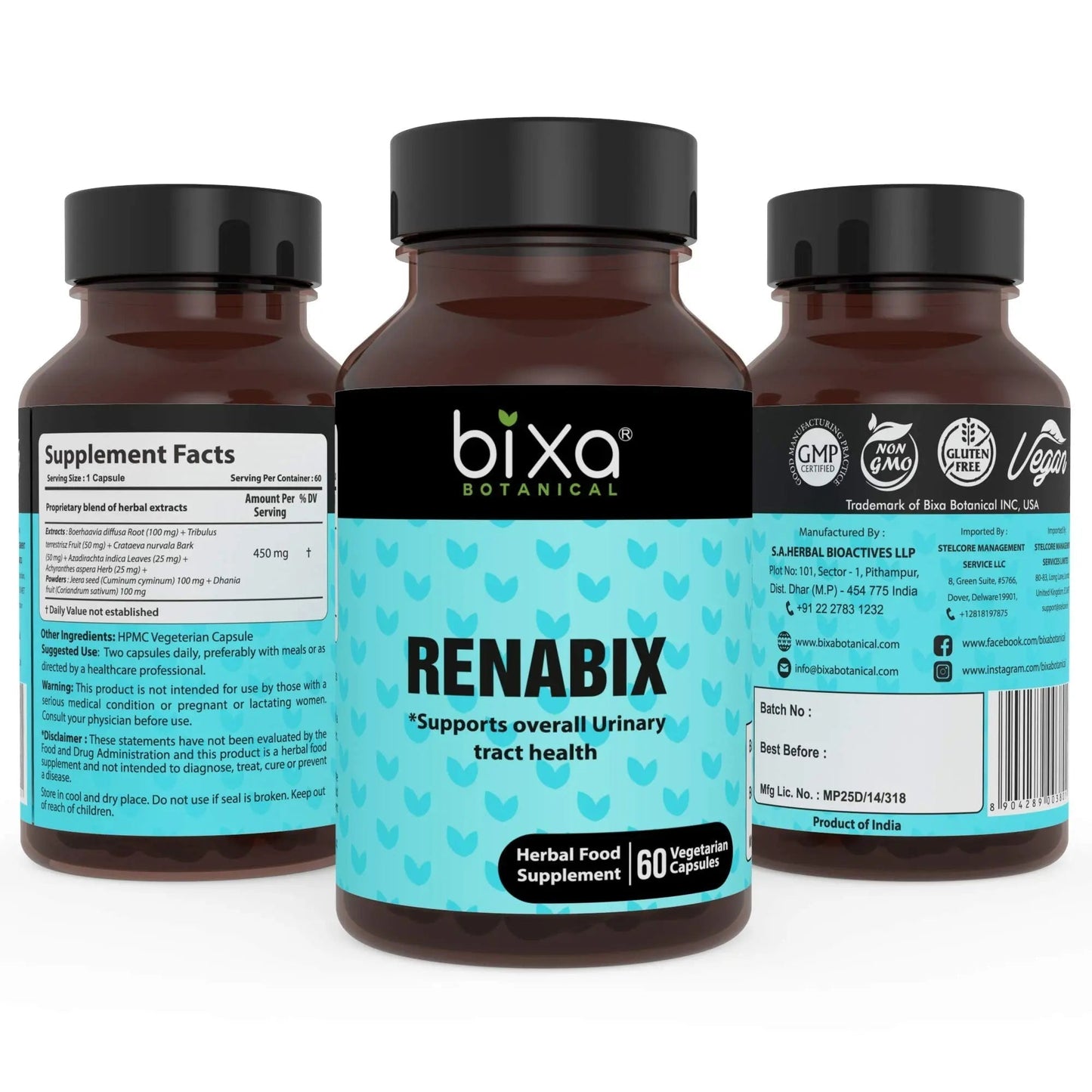 bixa BOTANICAL Ayurvedic Natural Herbal Supplement Renabix Capsules Pure (Punarnava Extract) | Supports Diuretic Response & Overall Urinary Tract Health | 60 Veg Capsules, 450mg, Pack of 1 - dailyvitalstore