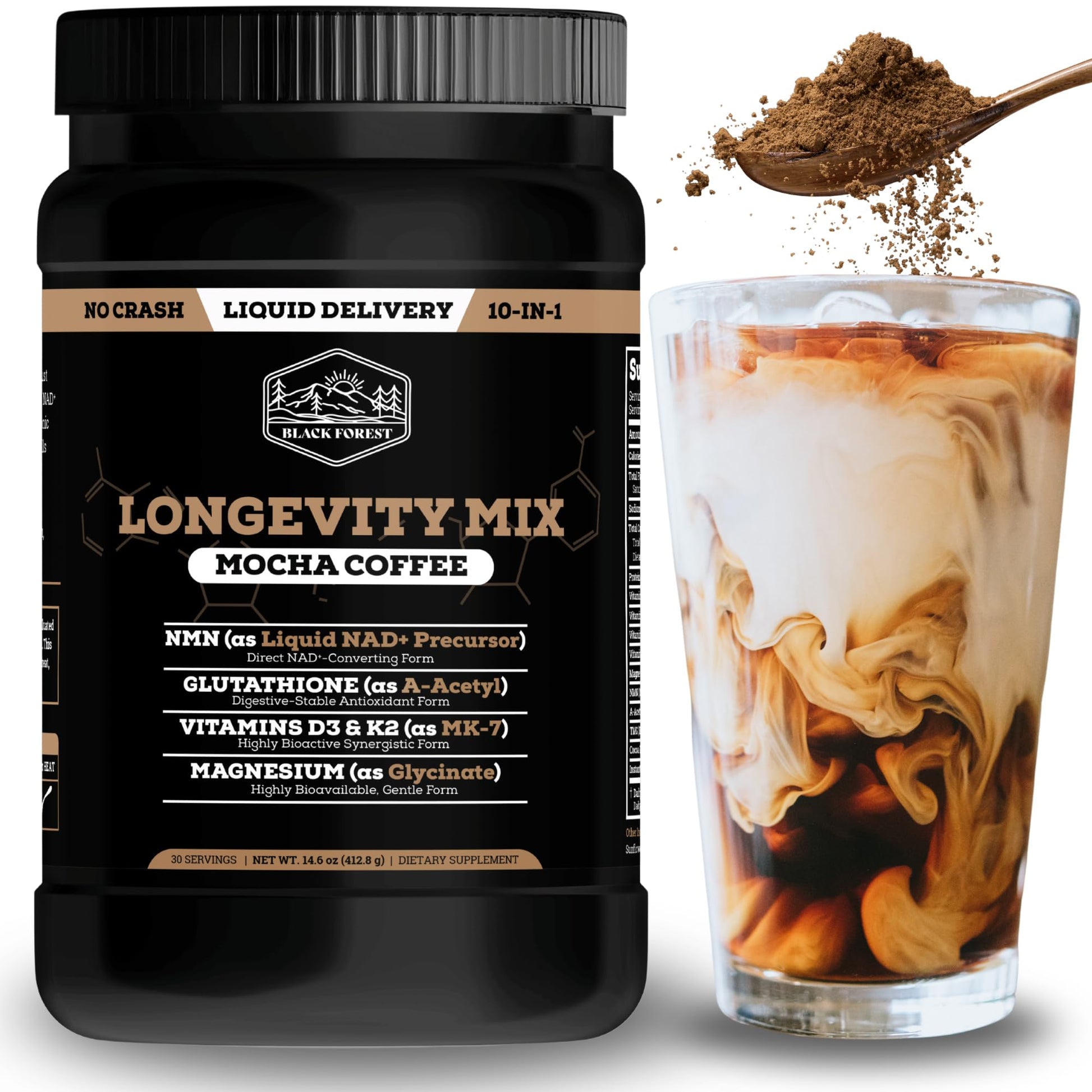 Black Forest Longevity Mix Liquid NAD+ Alternative Mocha Coffee 10-in-1 with NMN 250mg, Glutathione 250mg, TMG, Magnesium Glycinate, Vitamins D3 K2 C B12, High Polyphenol Cocoa, 30 Servings - dailyvitalstore