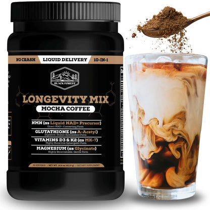 Black Forest Longevity Mix Liquid NAD+ Alternative Mocha Coffee 10-in-1 with NMN 250mg, Glutathione 250mg, TMG, Magnesium Glycinate, Vitamins D3 K2 C B12, High Polyphenol Cocoa, 30 Servings - dailyvitalstore