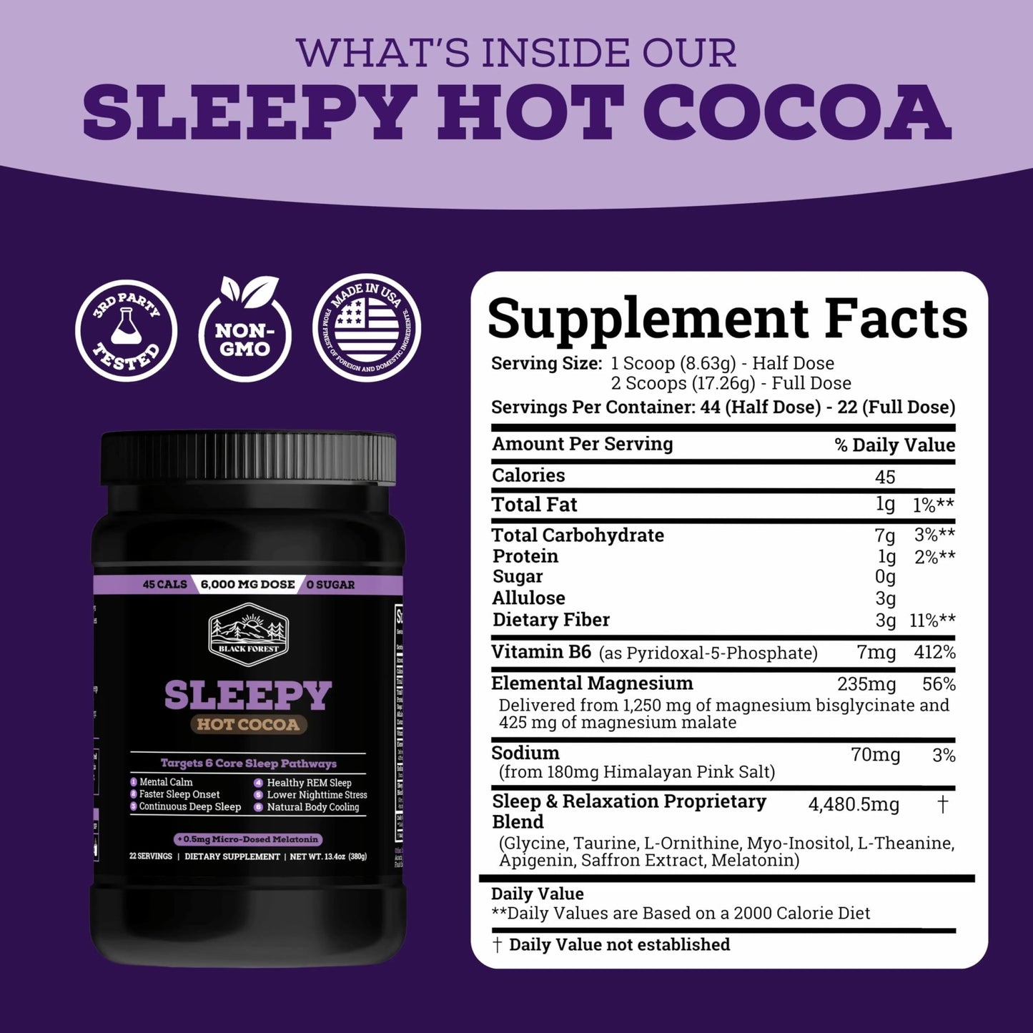 Black Forest Sleepy Hot Cocoa - Magnesium Hot Chocolate Sleepy Cocoa Sleep Powder for Adults with Melatonin & L-Theanine - Natural Sleep Drink Mix for Deep Sleep & Relaxation, - dailyvitalstore