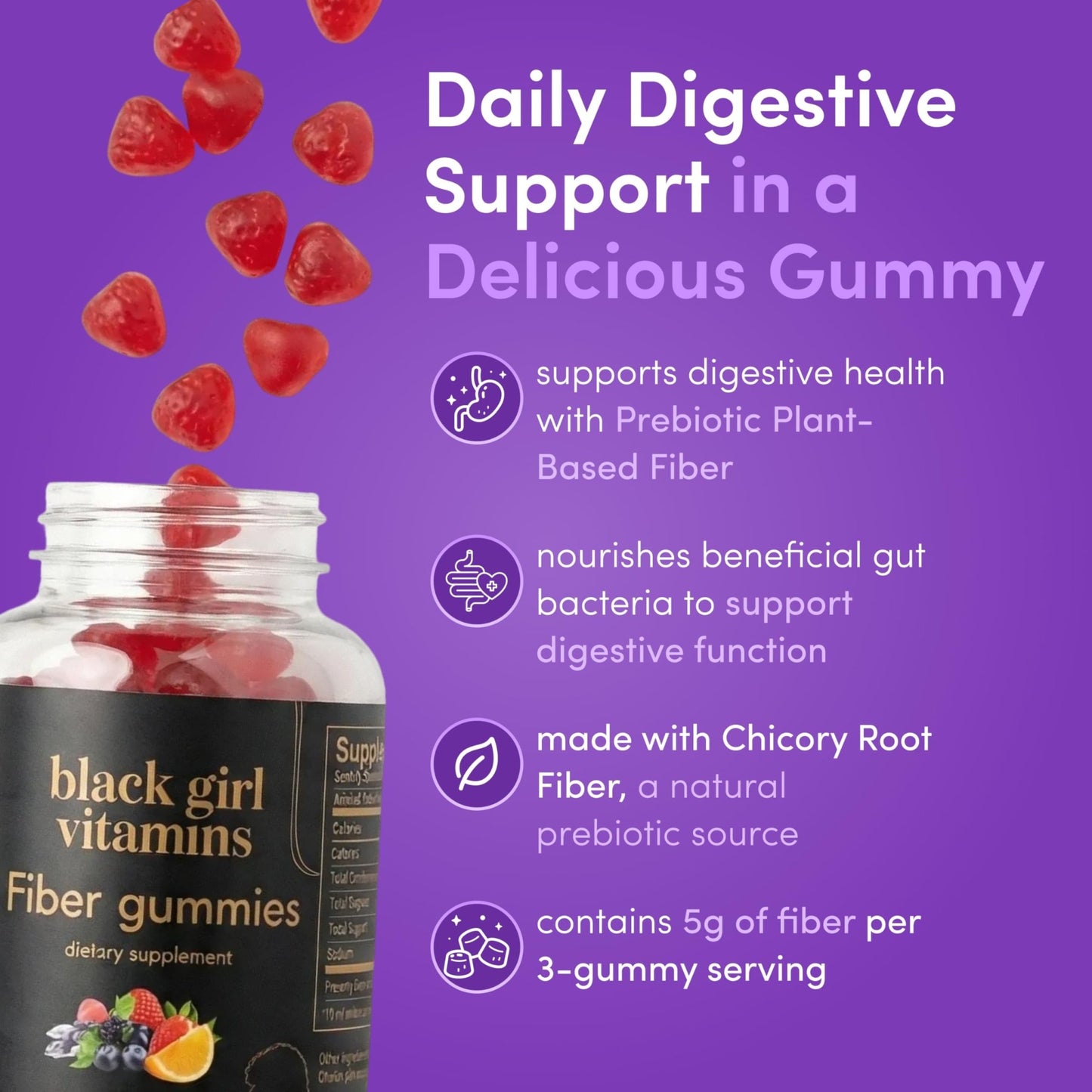 Black Girl Vitamins - Fiber Gummies - Prebiotic for Gut Health & Bloat Relief - Supports Digestion, Regularity & Microbiome Balance - Vegan, Gluten-Free, Halal - dailyvitalstore